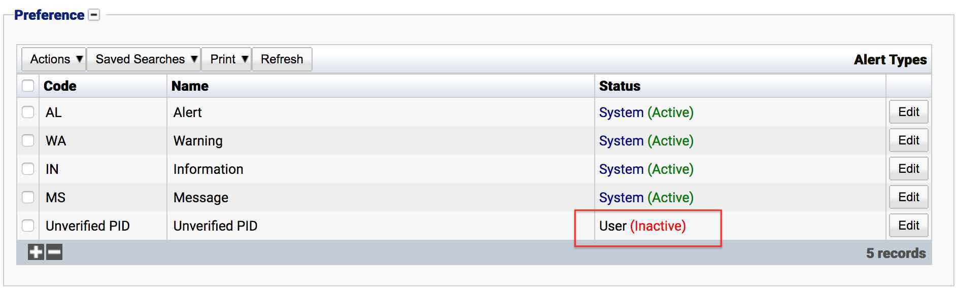 Changed Status of Alert Types