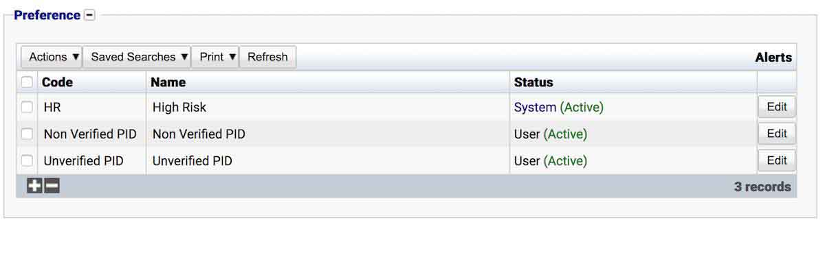 Table of alerts