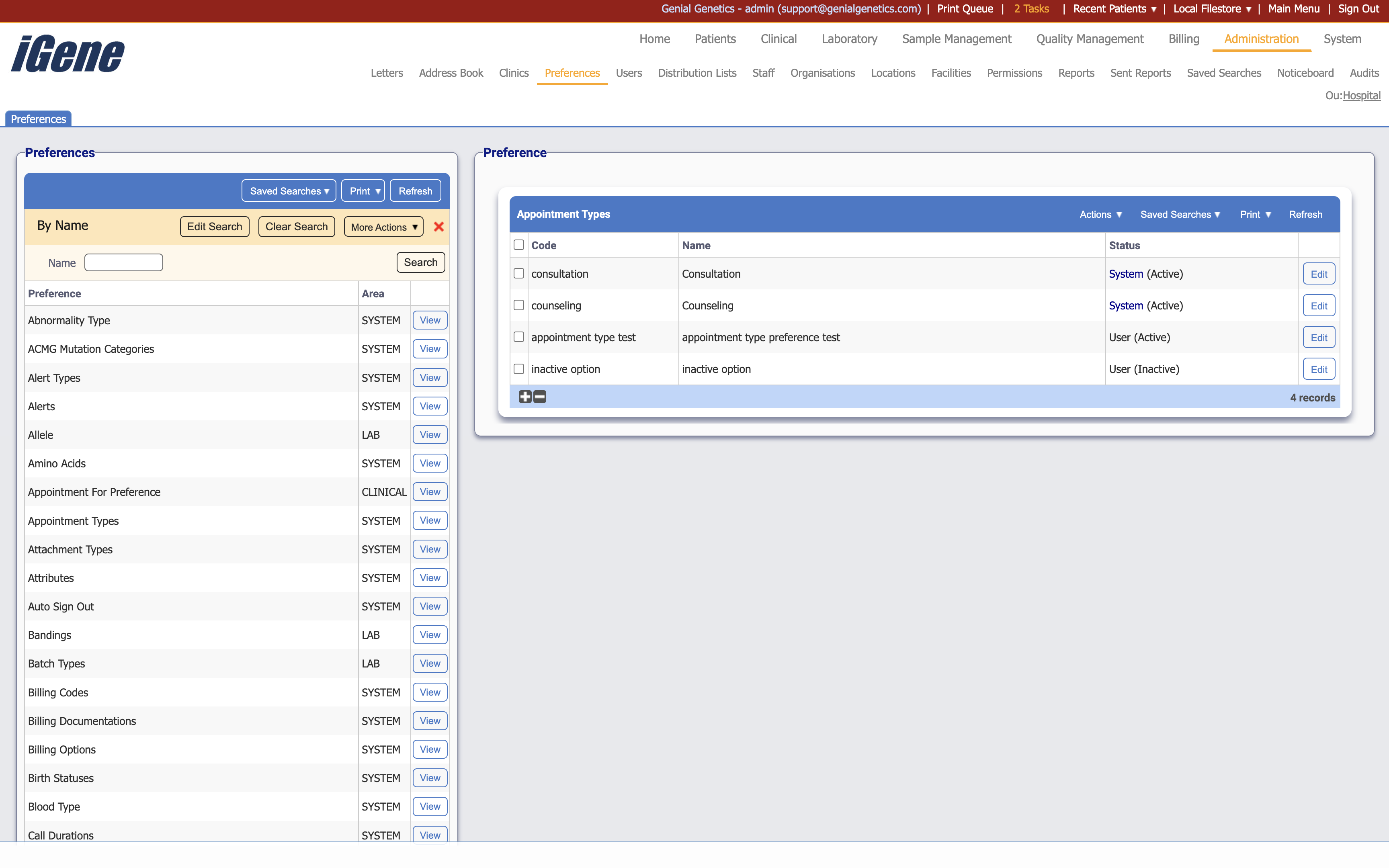 Appointment type list