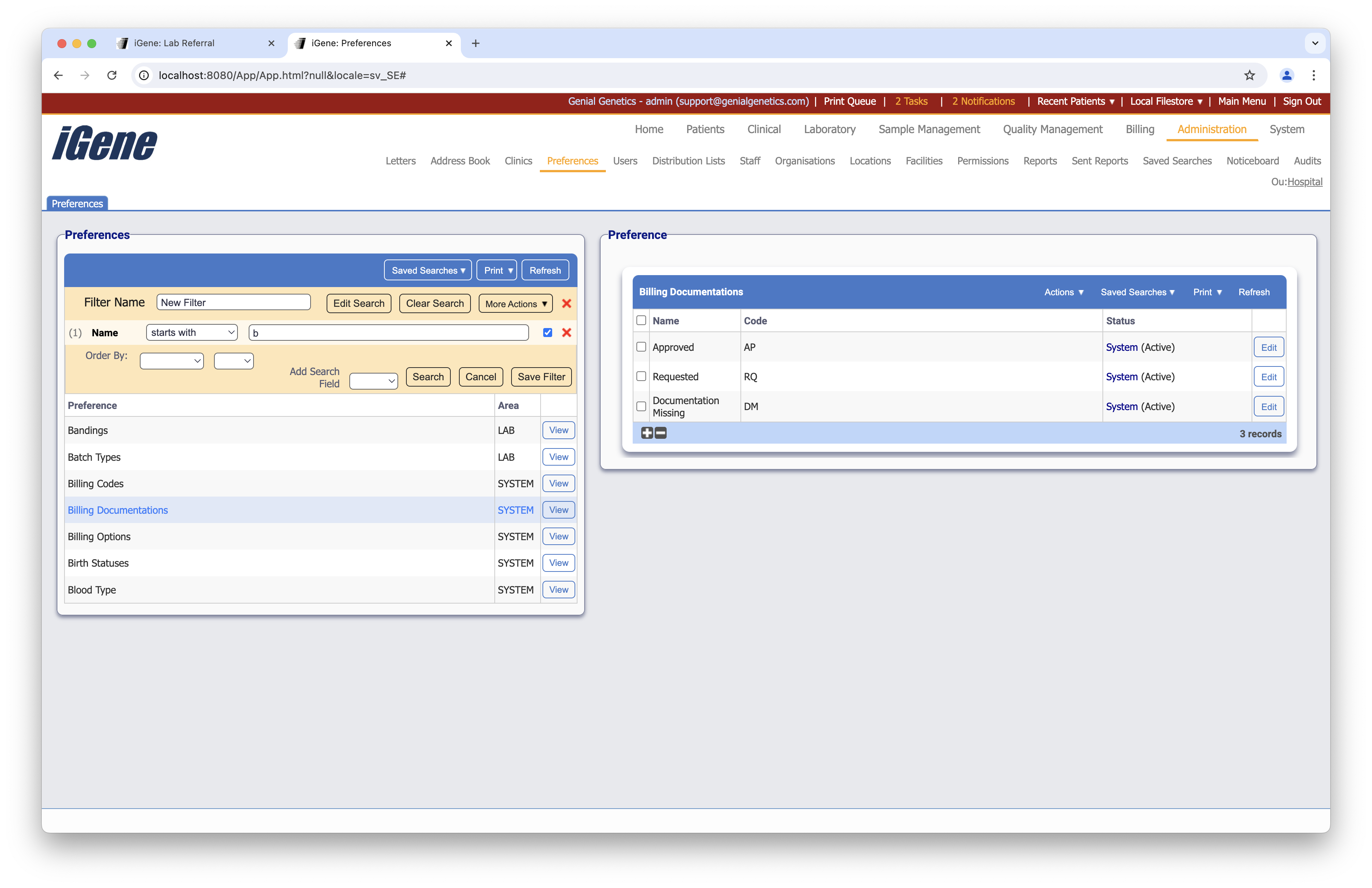 Billing Documentation list