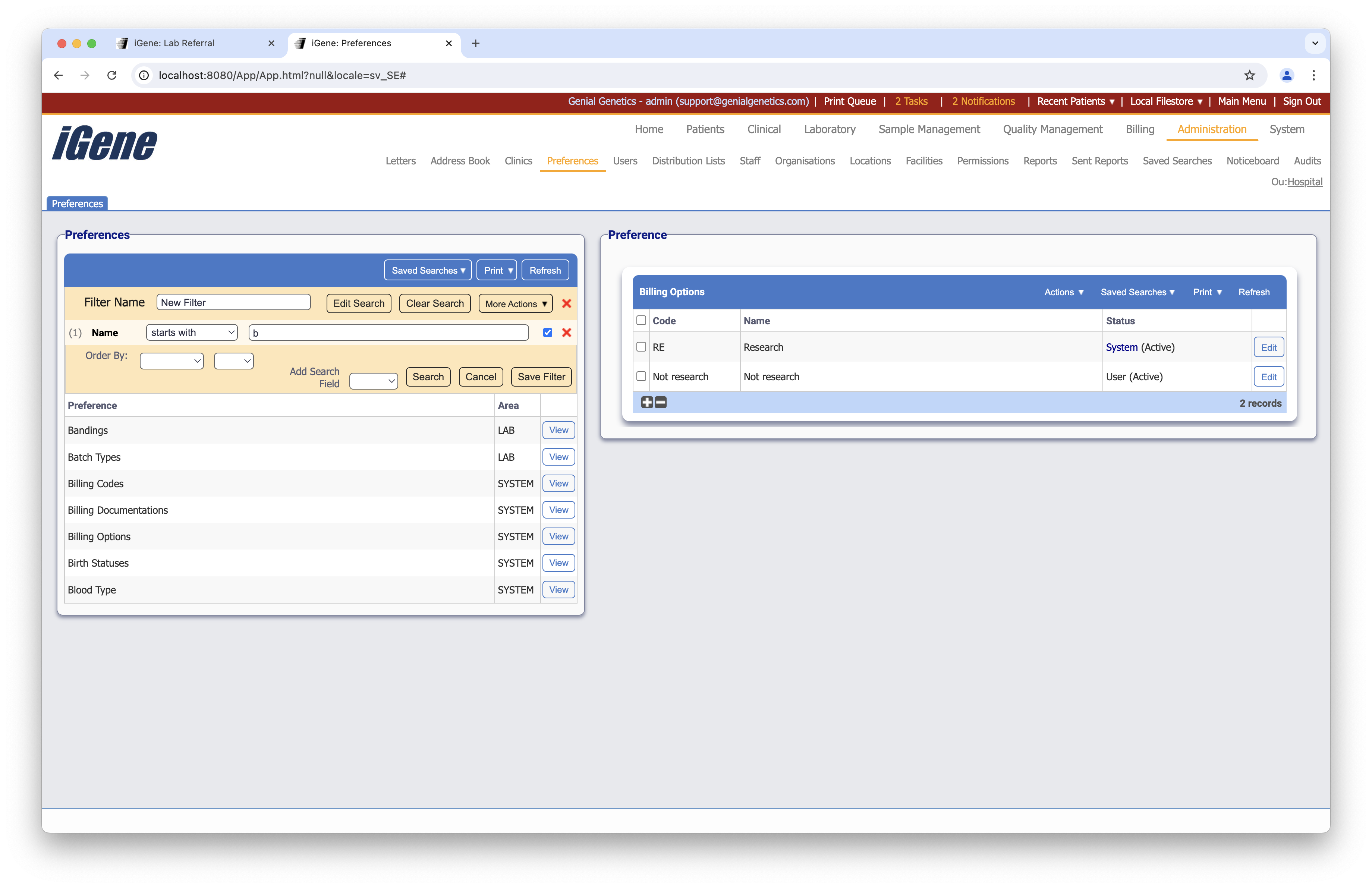 Billing Options list