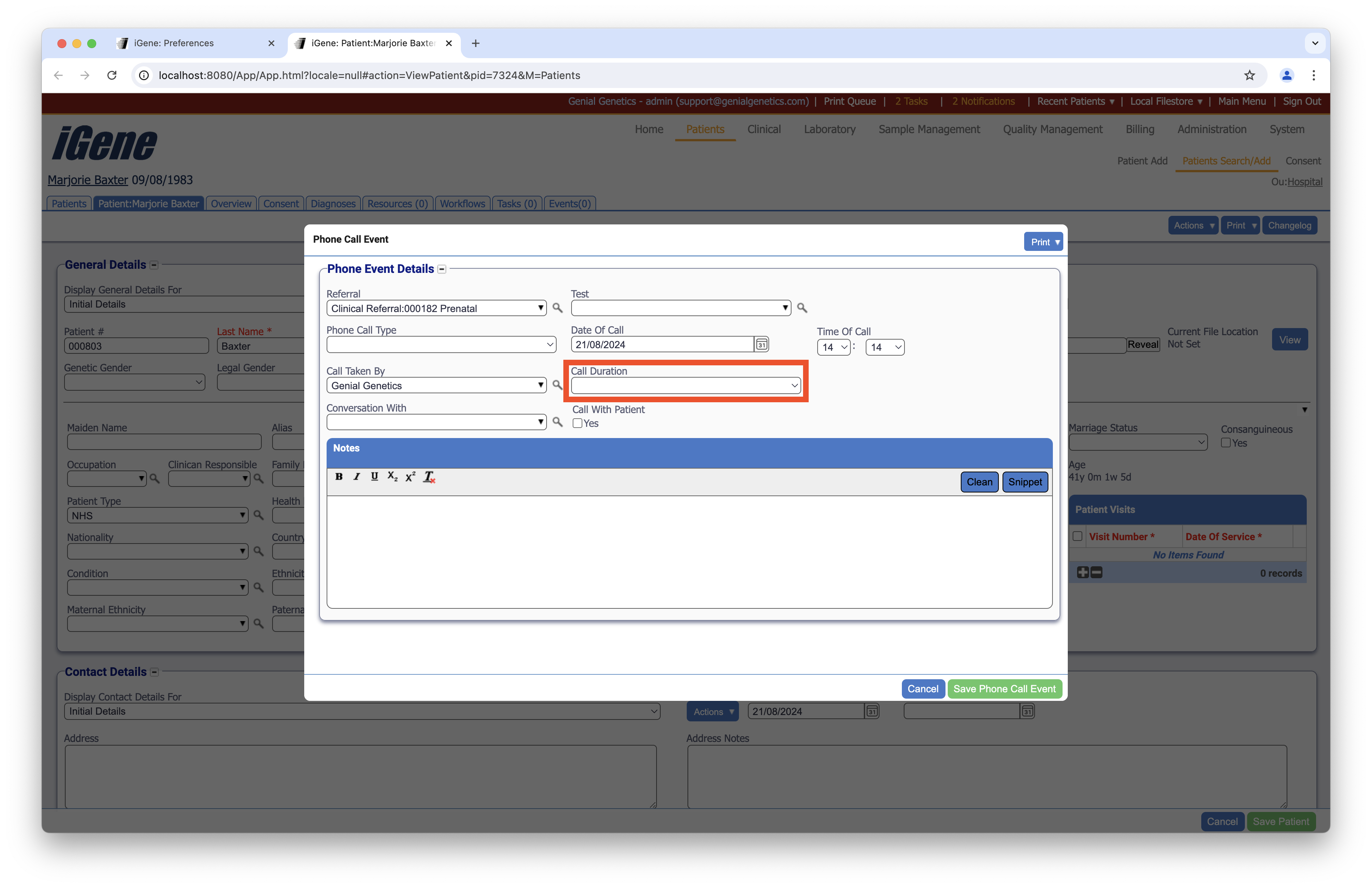 Call duration added to a phone event.