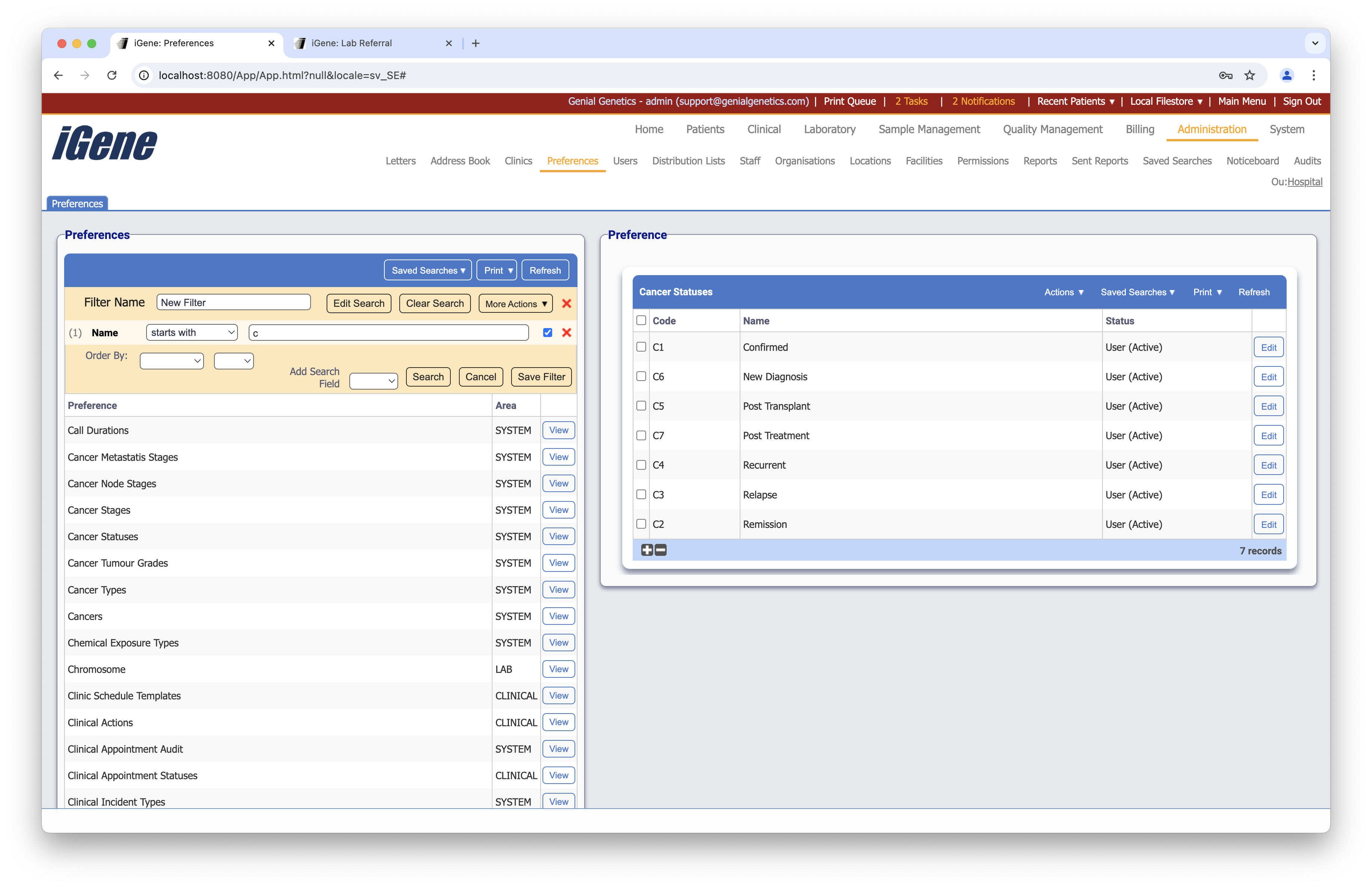 Cancer Statuses list
