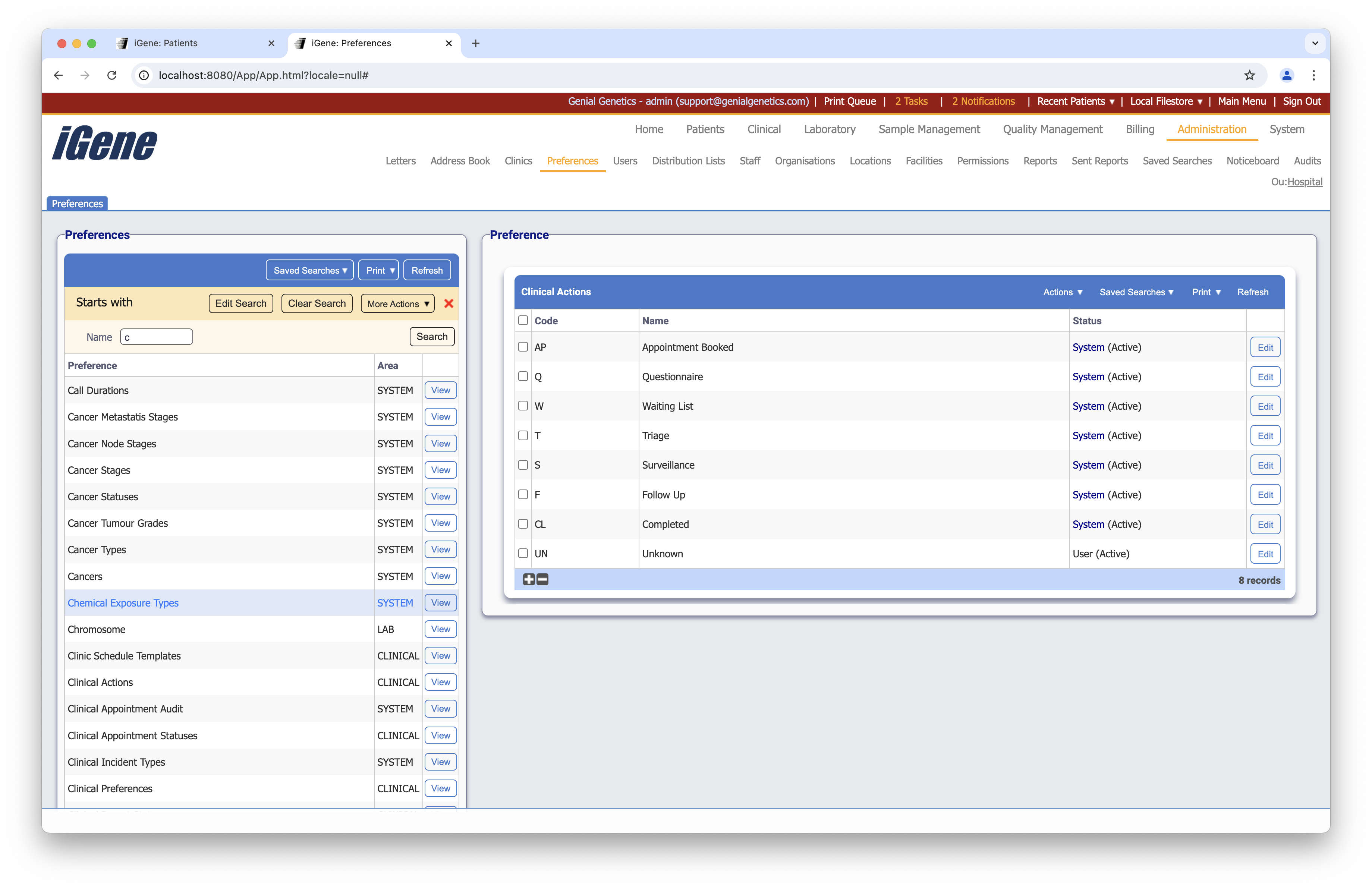 Clinical Actions list