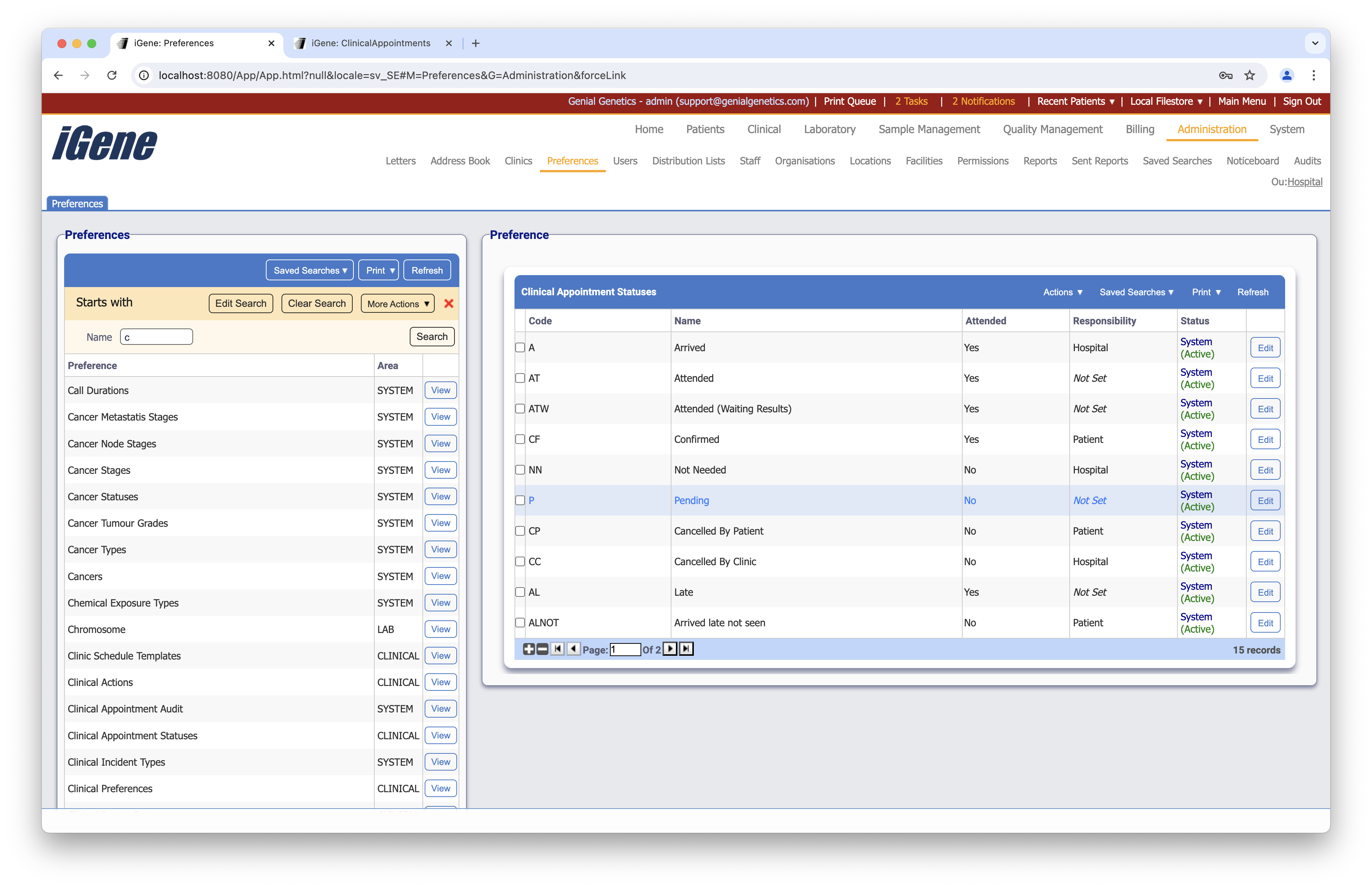 Clinical Appointment Statuses list
