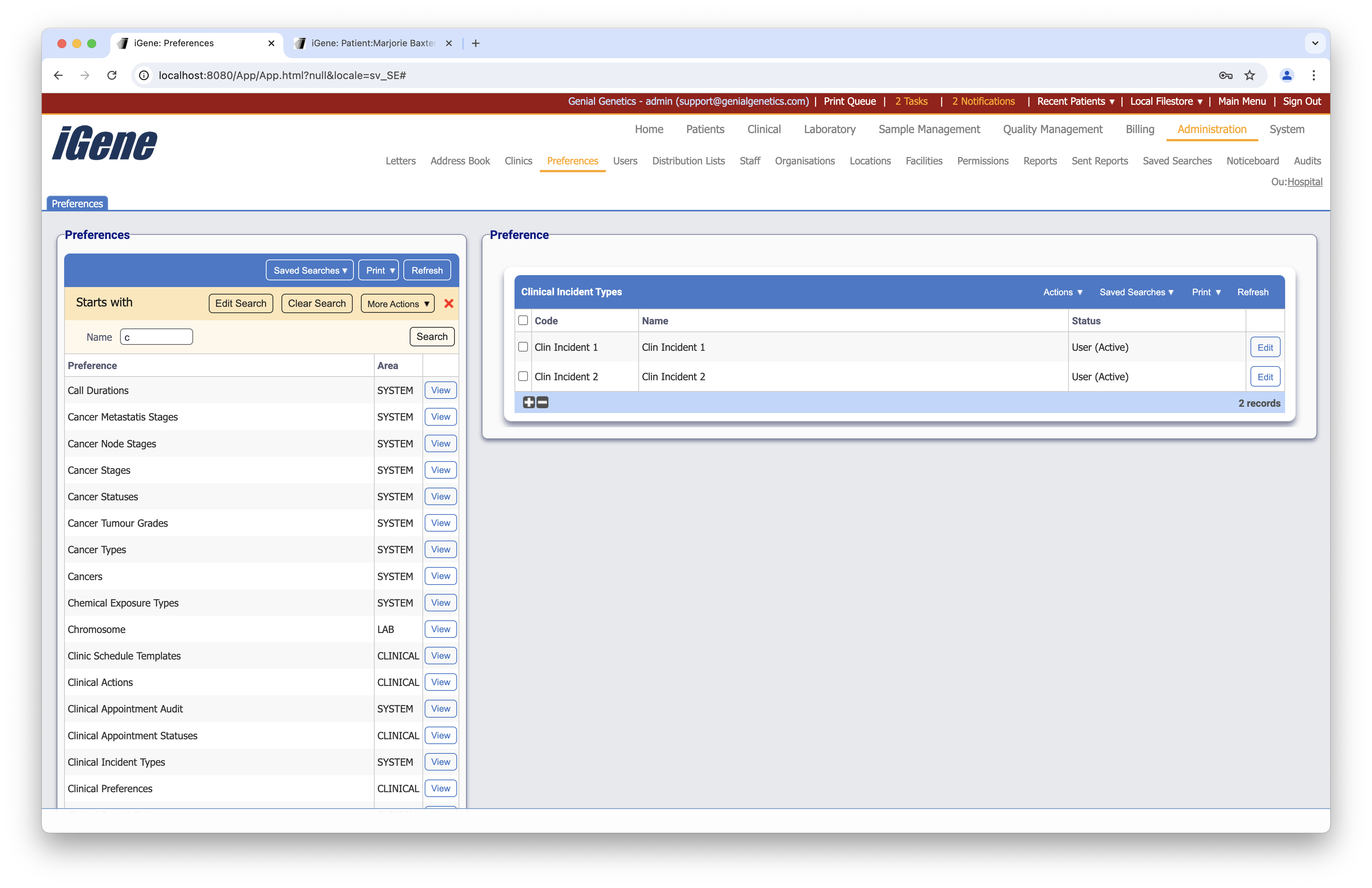 Clinical Incident Types list