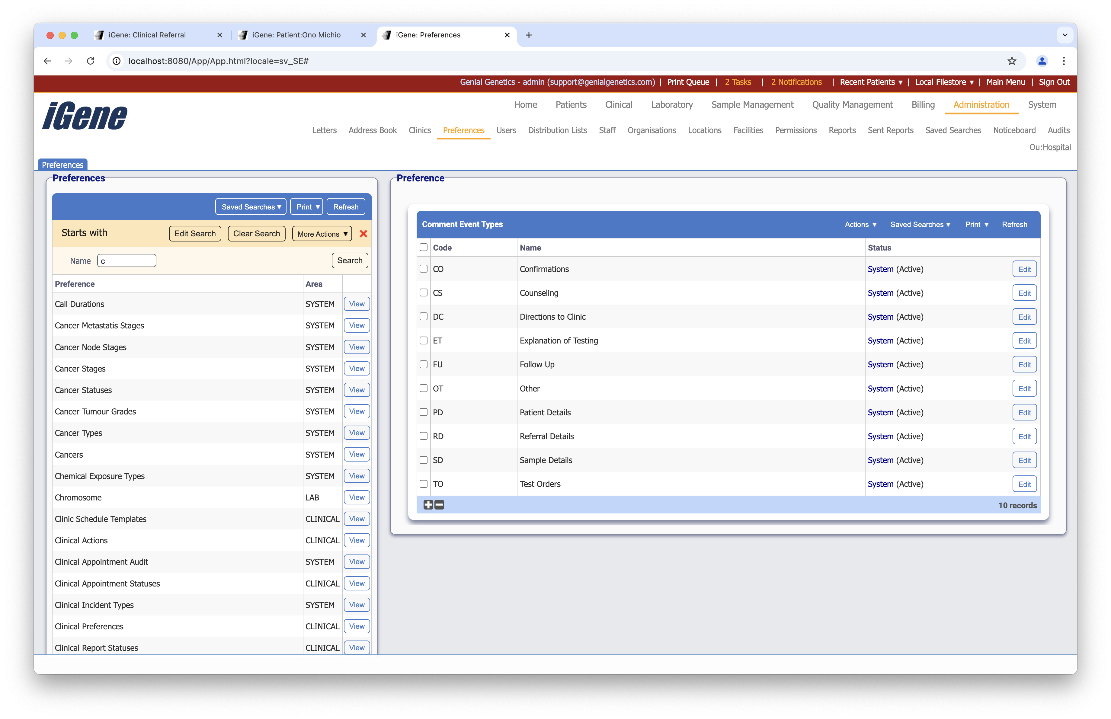 Comment Event Type list
