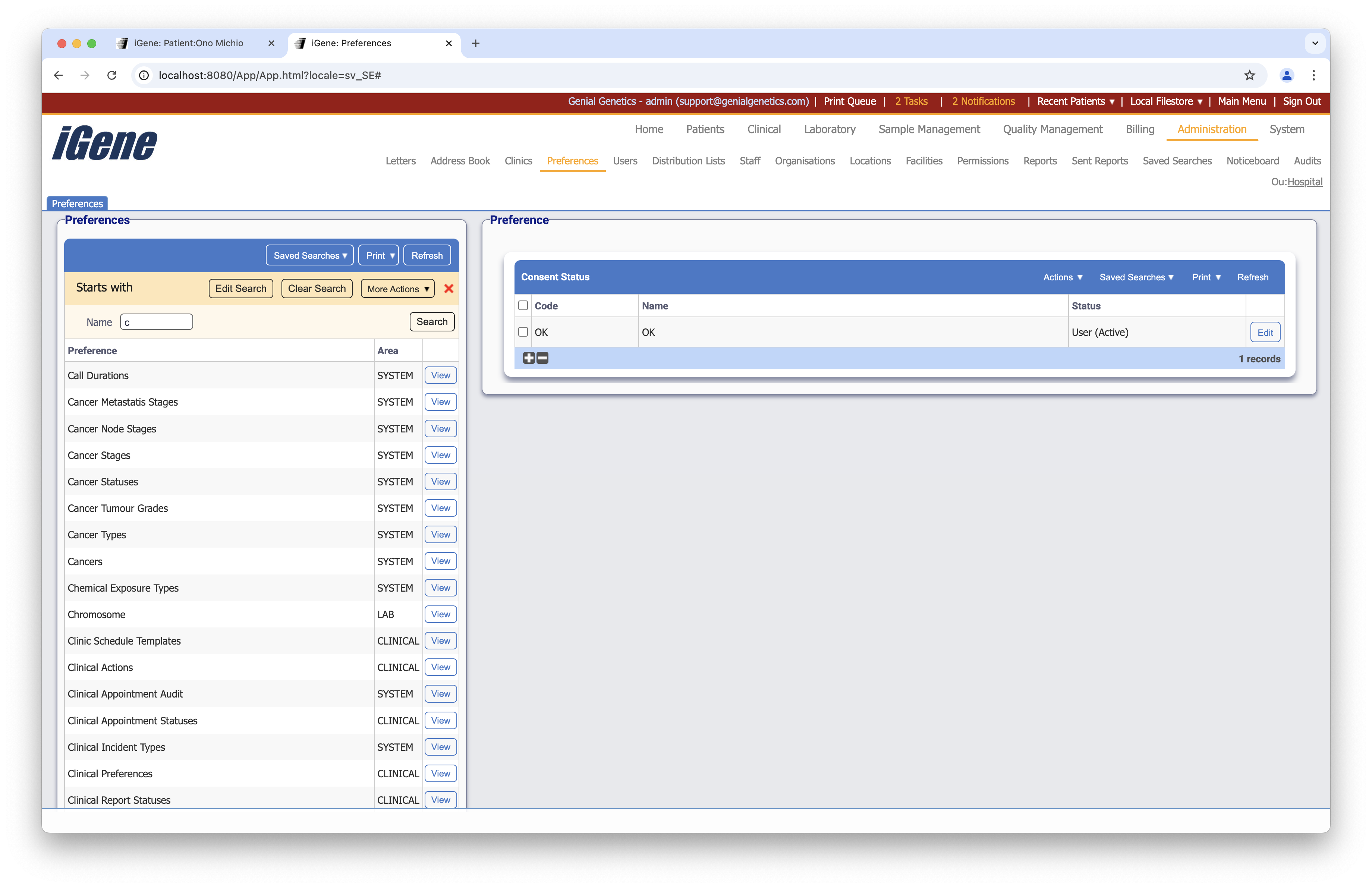 Consent Statuses list