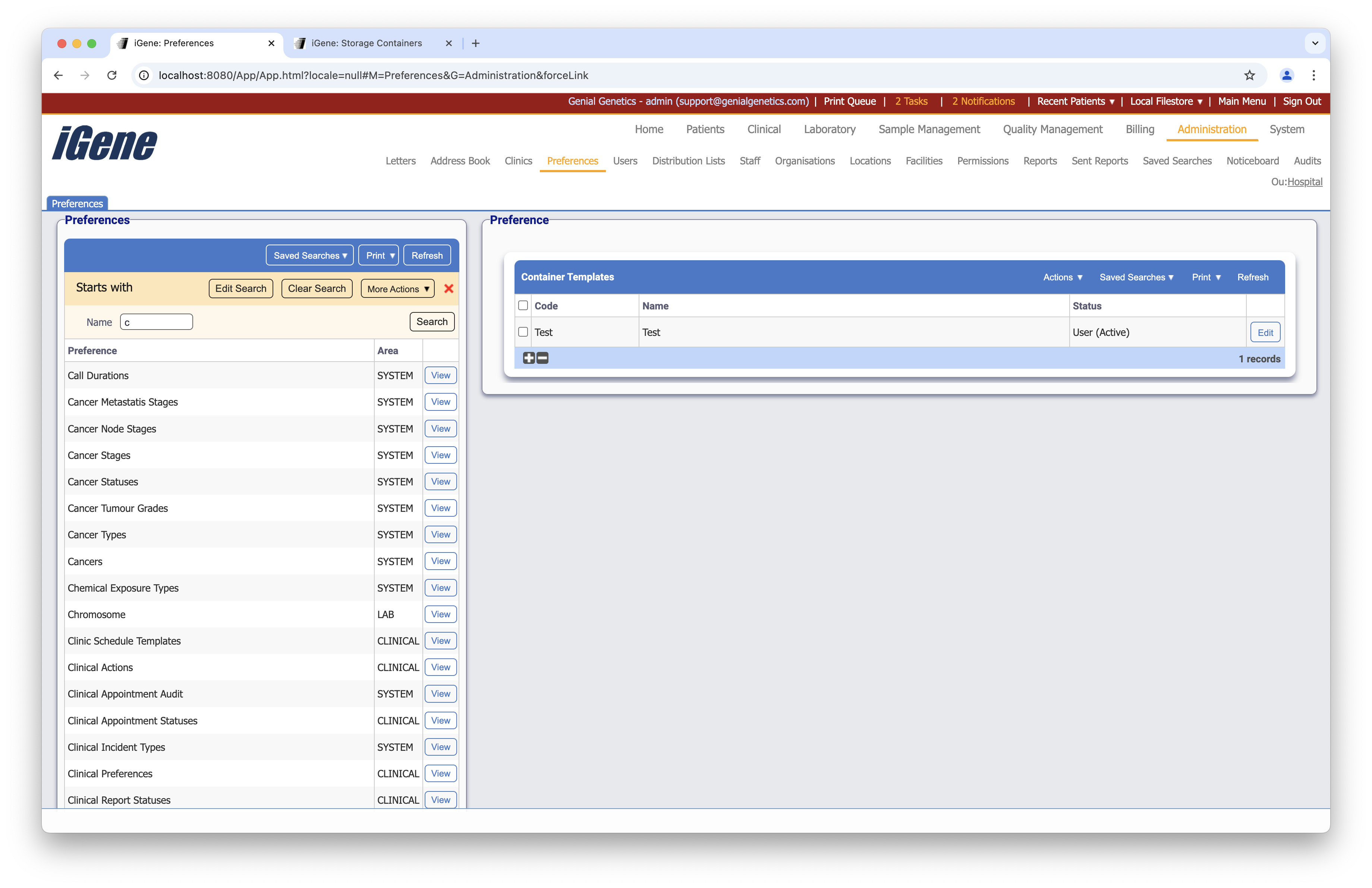 Container Templates list