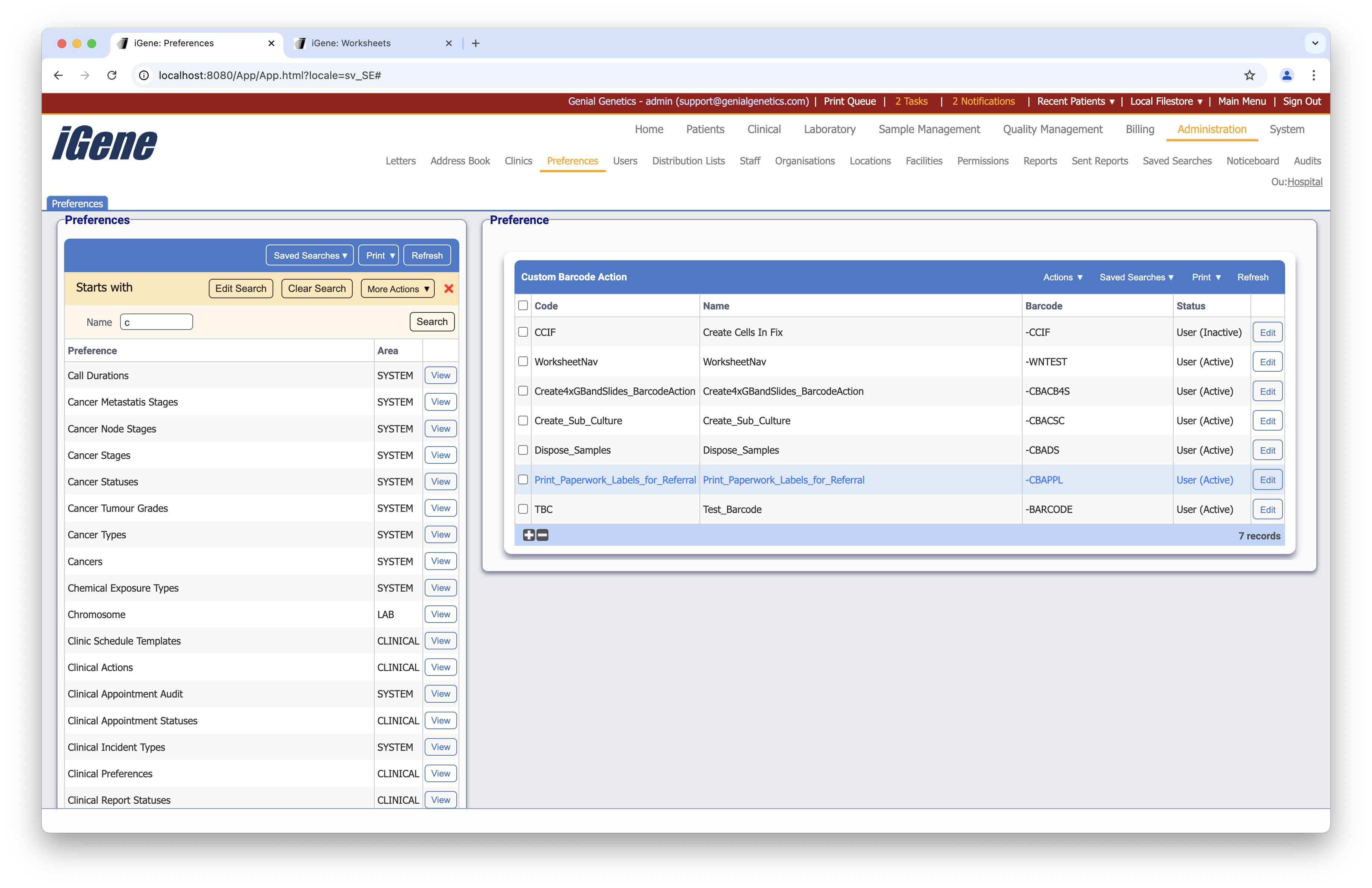 Custom Barcode Actions list