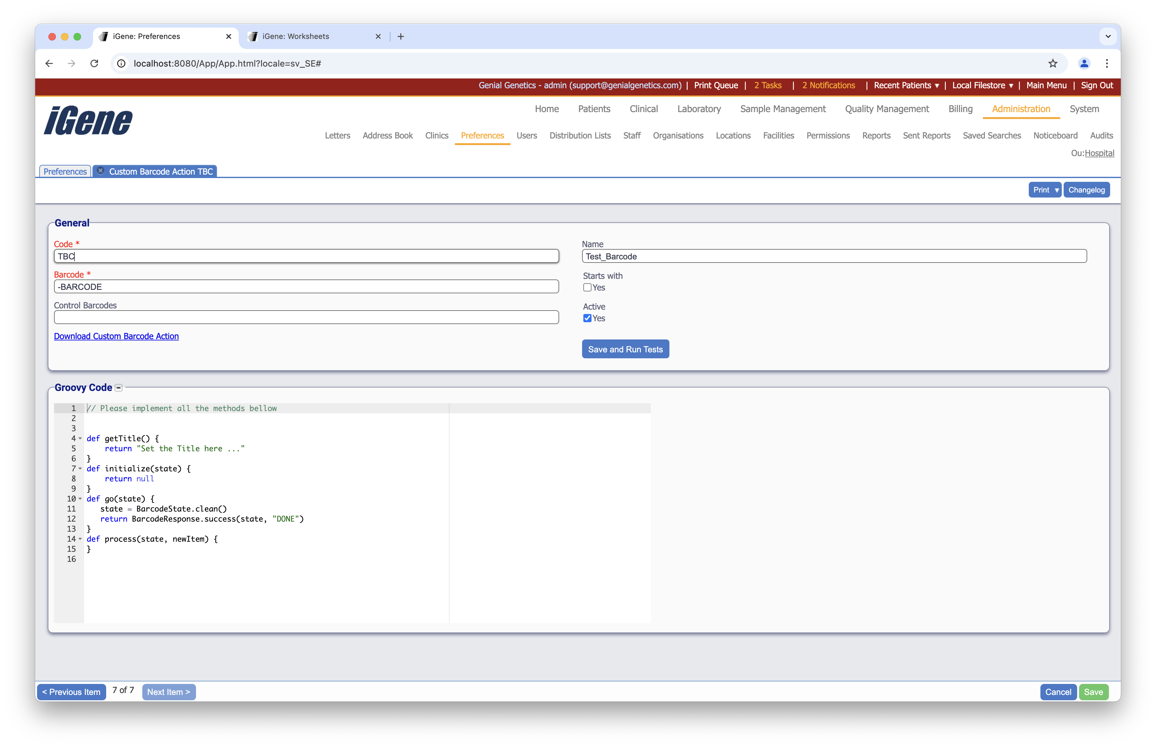 Edit Custom Barcode Action