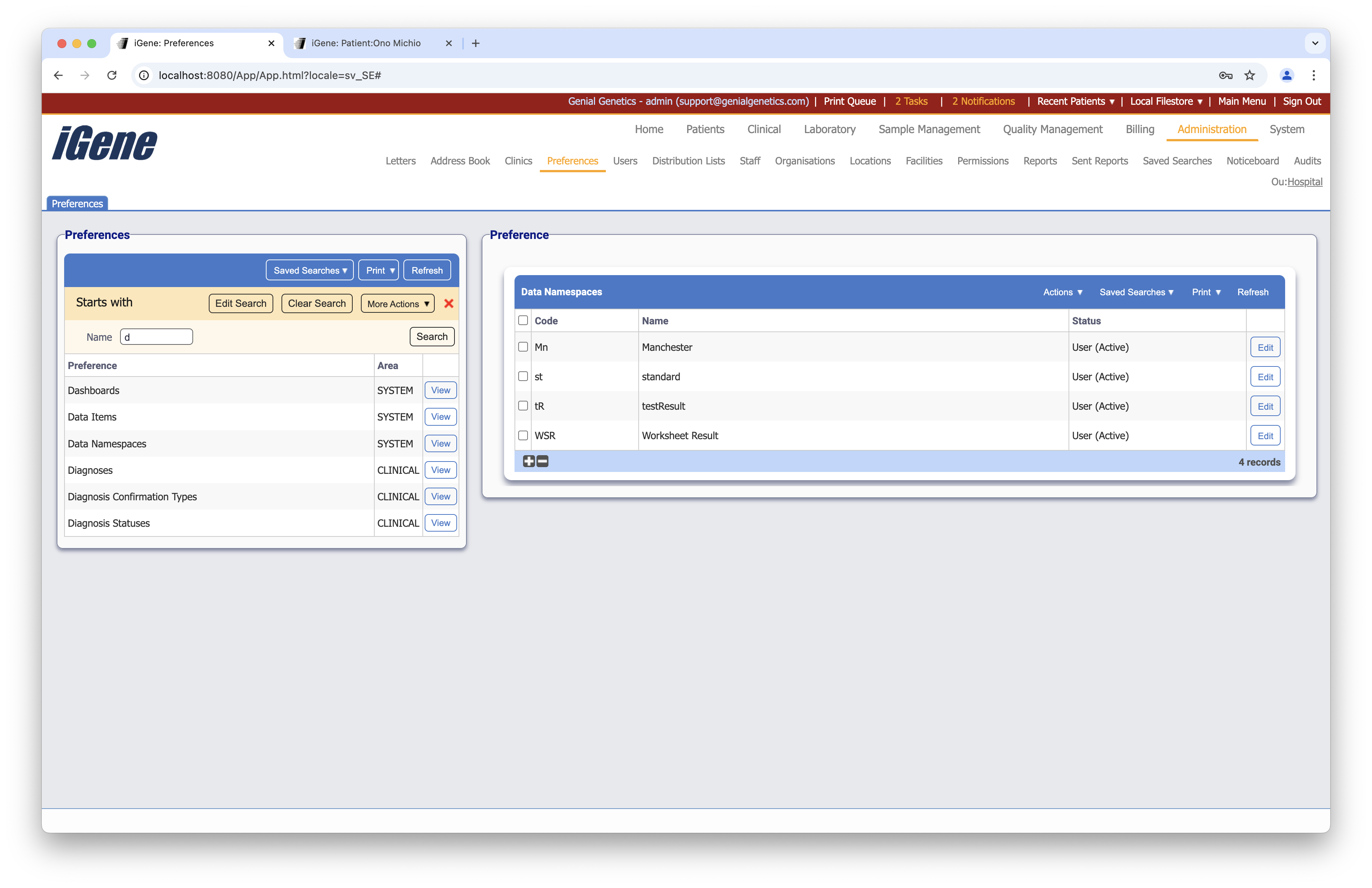 Data Namespaces list