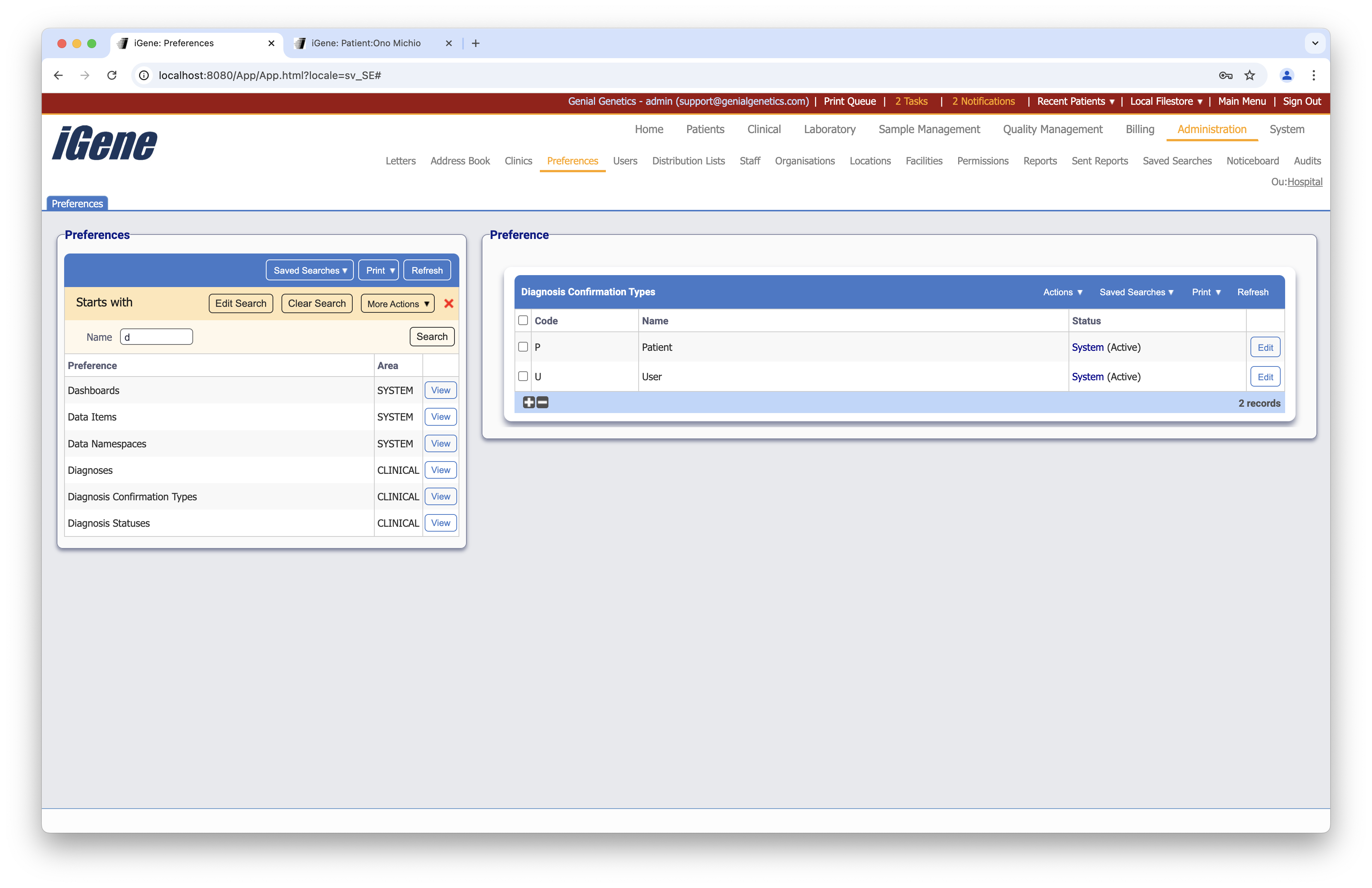Diagnosis Confirmation Types list
