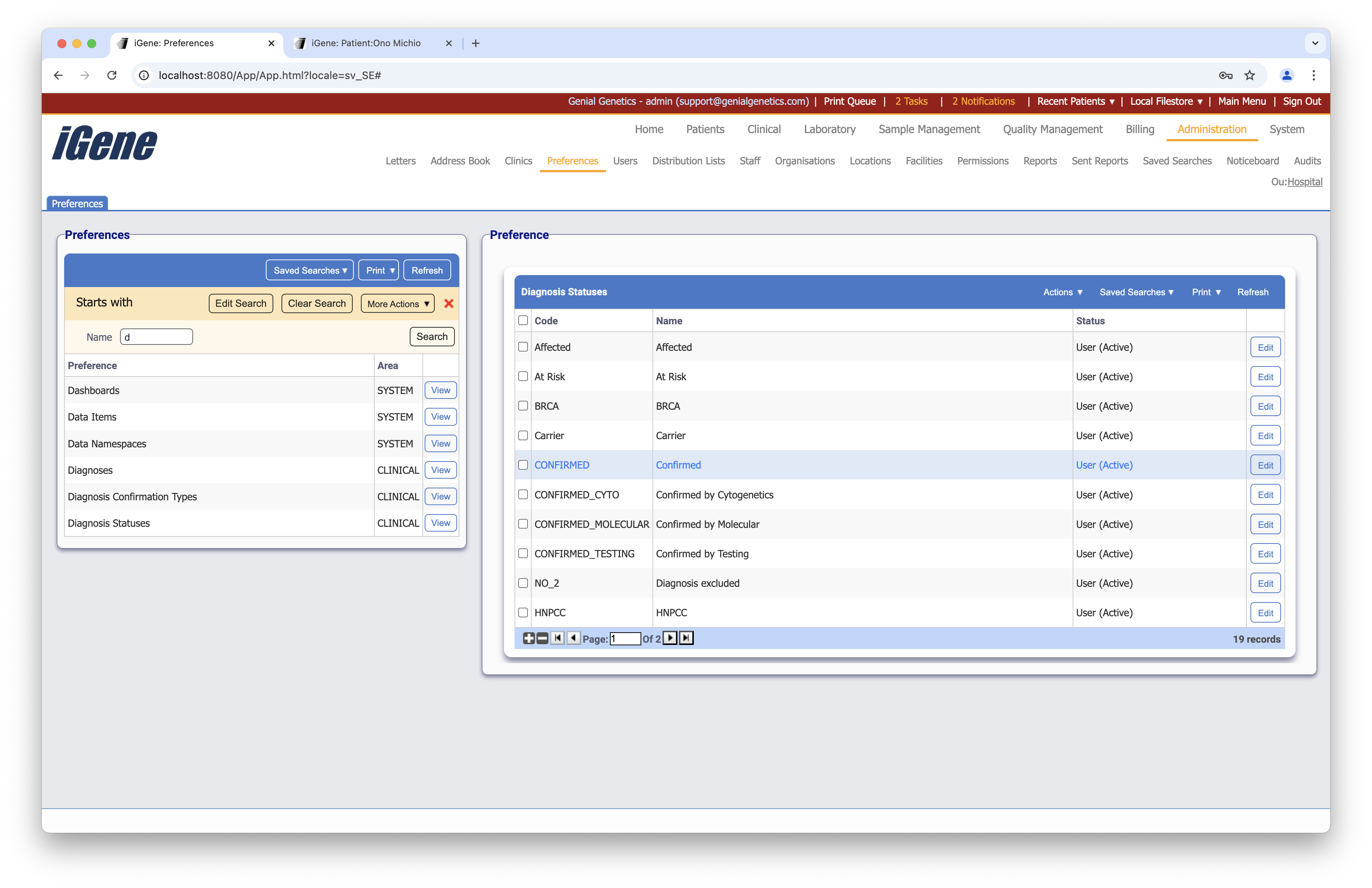 Diagnosis Statuses list
