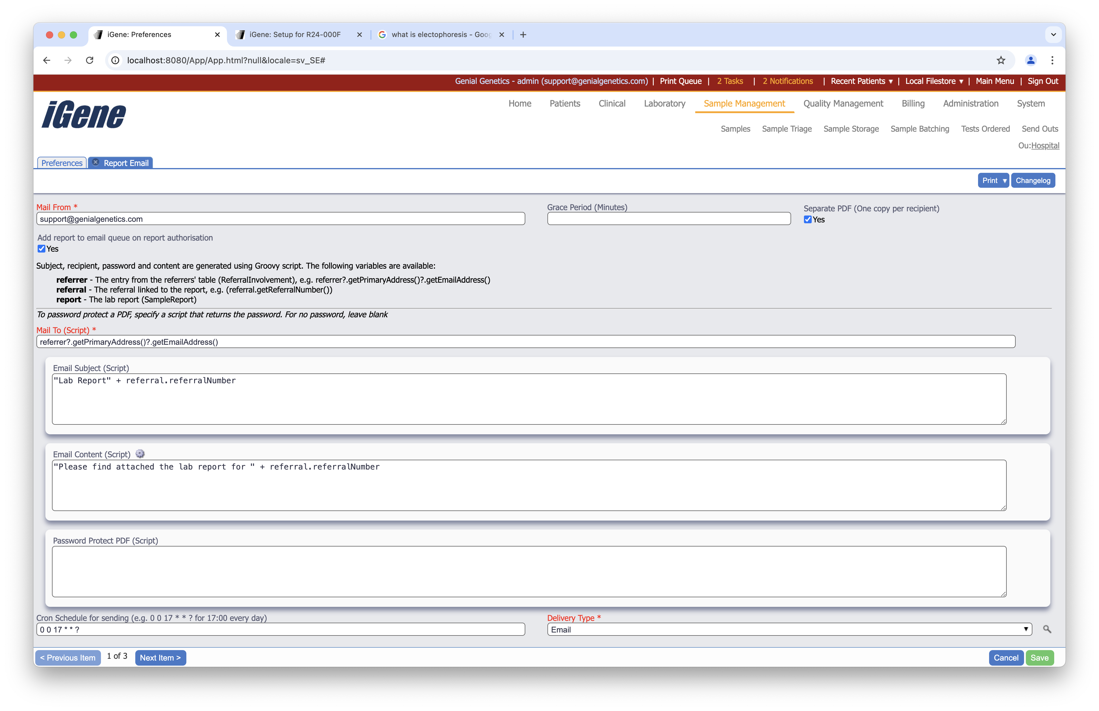 Email Report Preferences editable fields