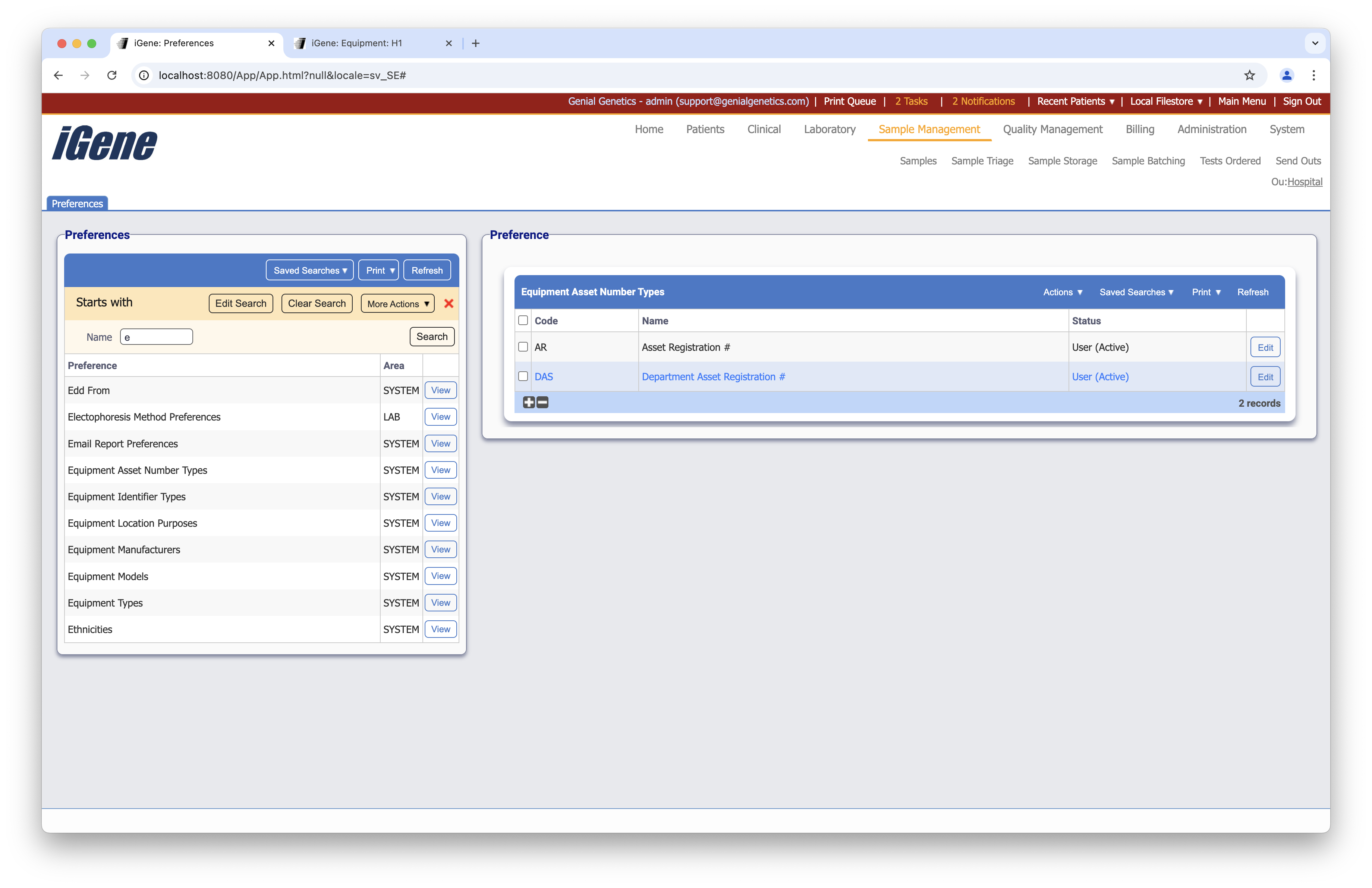 Equipment Asset Number Types list