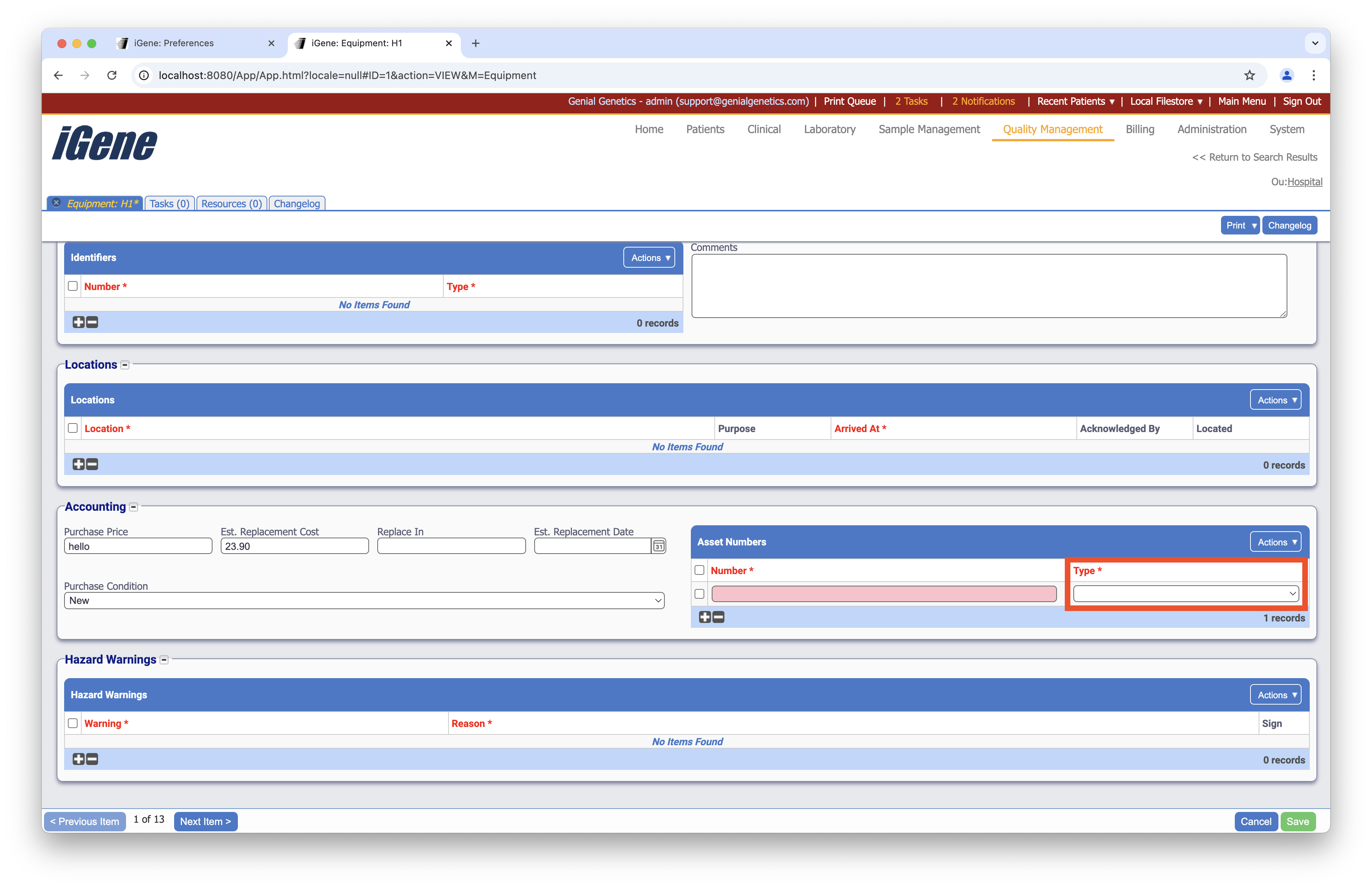 Equipment Asset Number Types