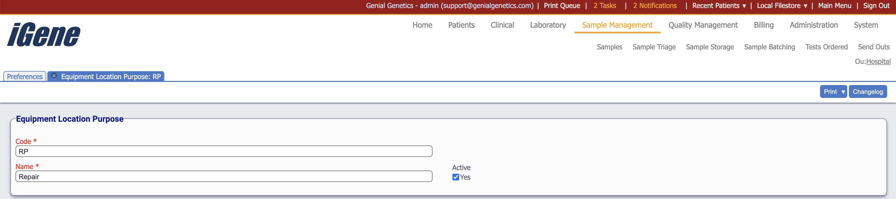 Edit Equipment Location Purpose