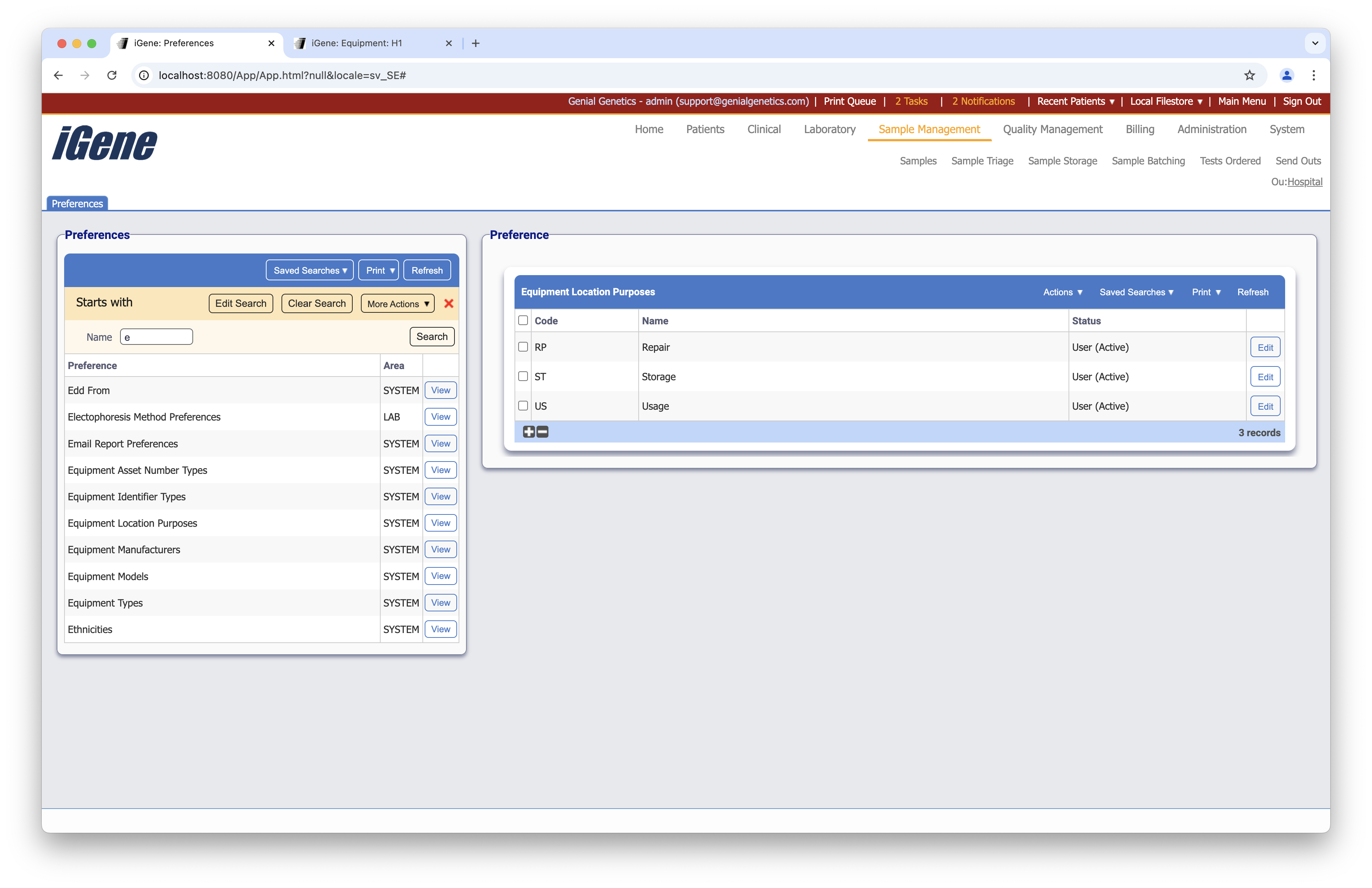 Equipment Location Purposes list