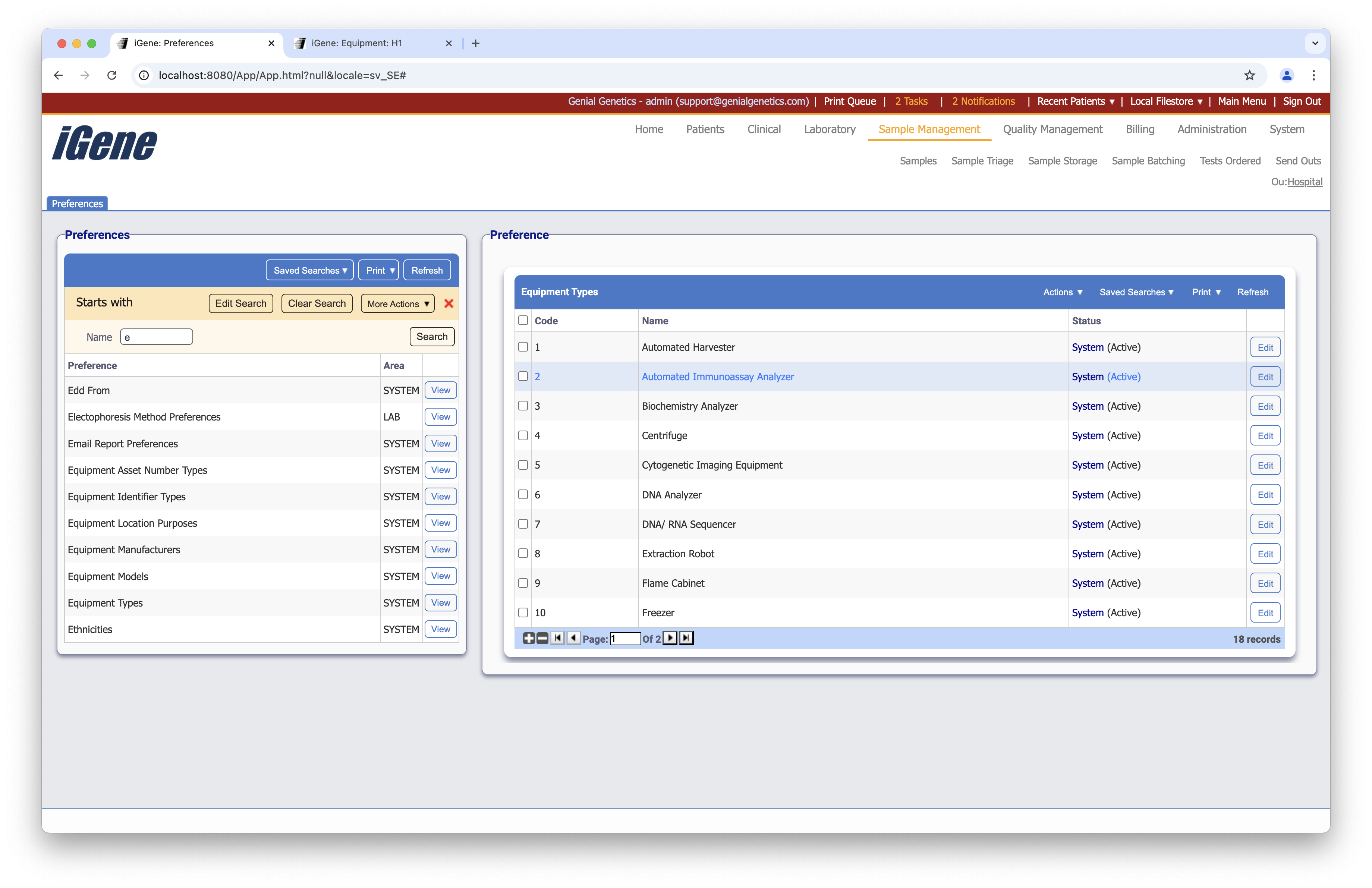 Equipment Types list