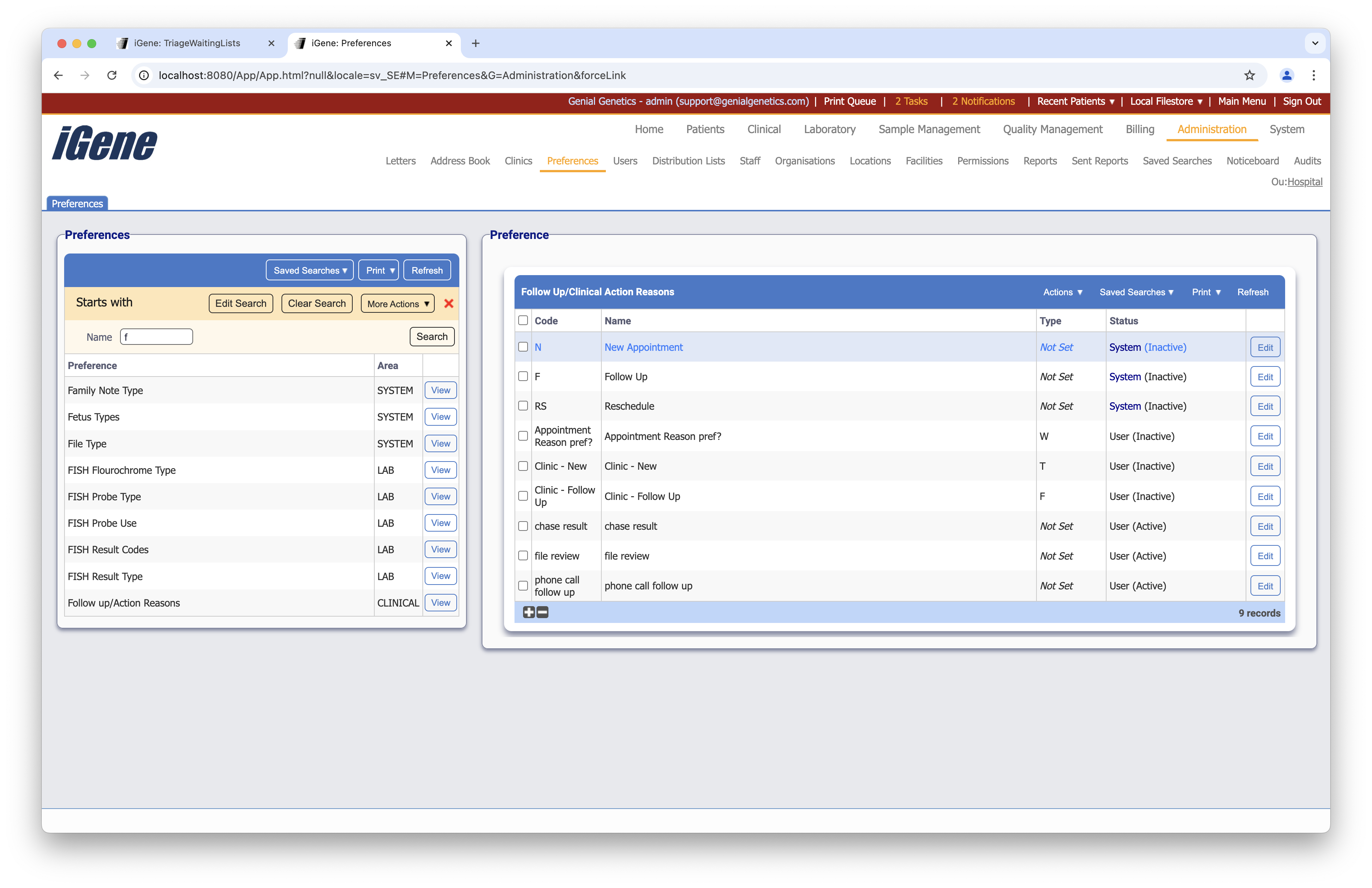 Follow Up/Action Reasons list