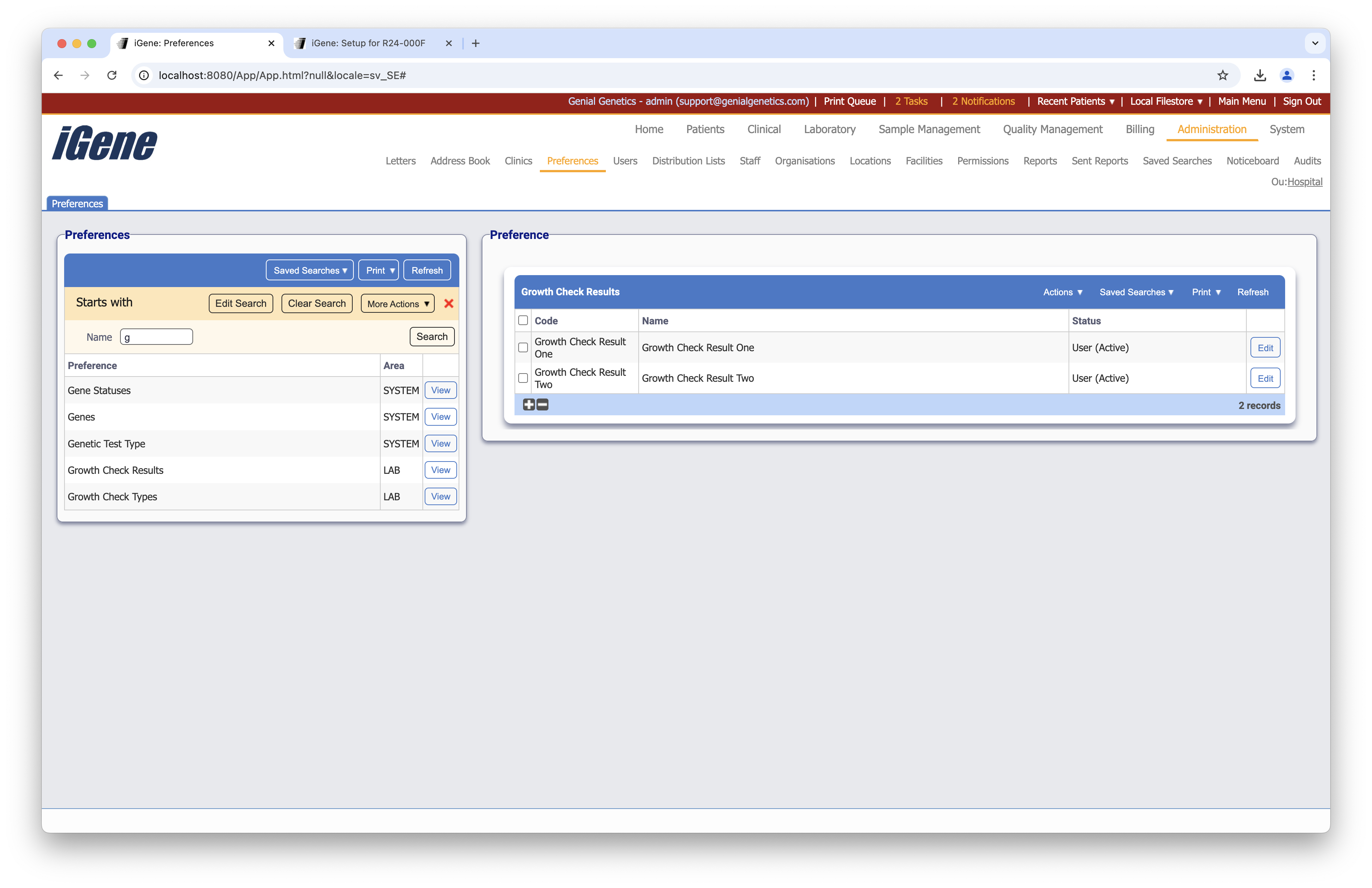 Growth Check Results list