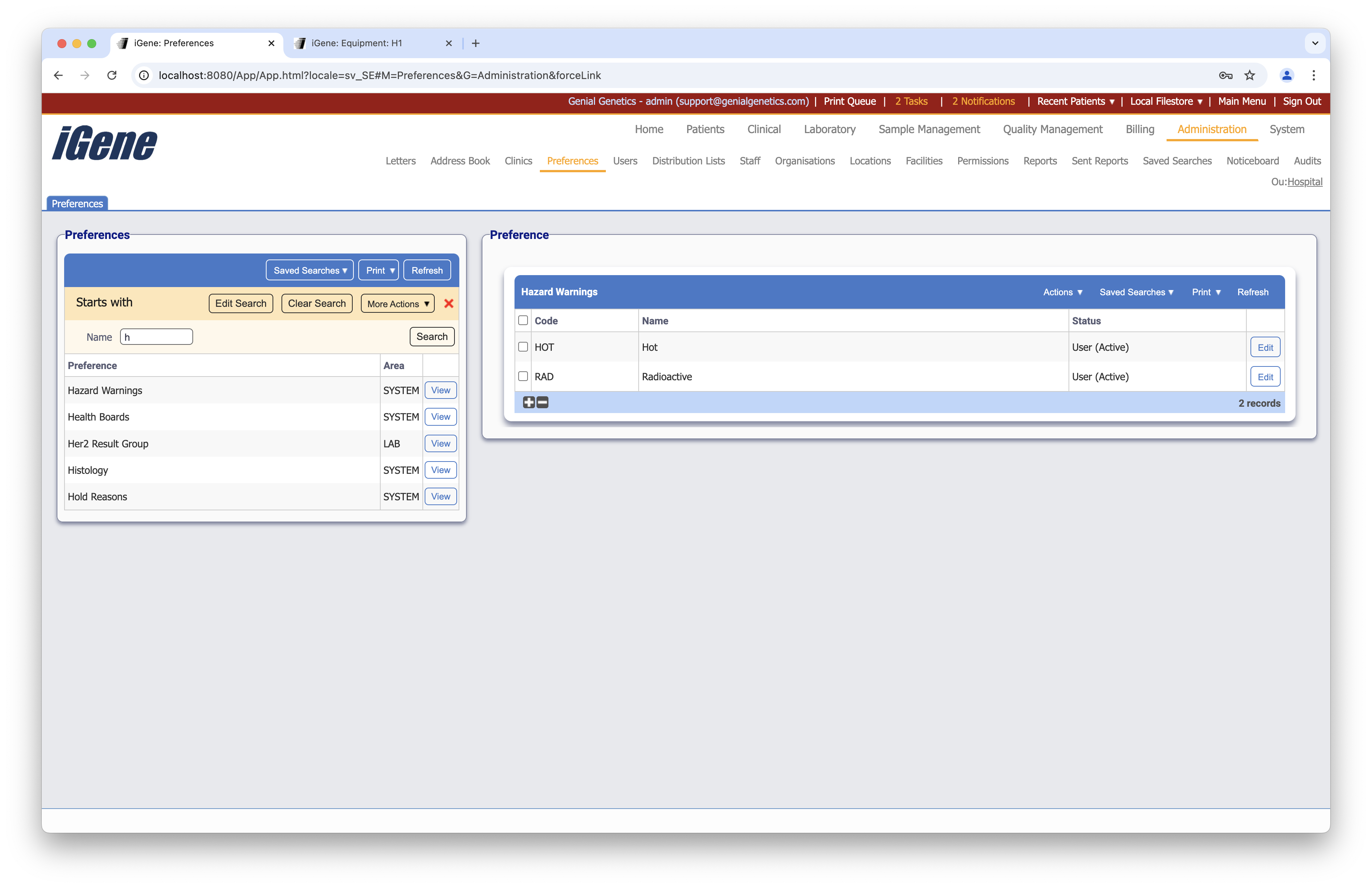 Hazard Warnings list