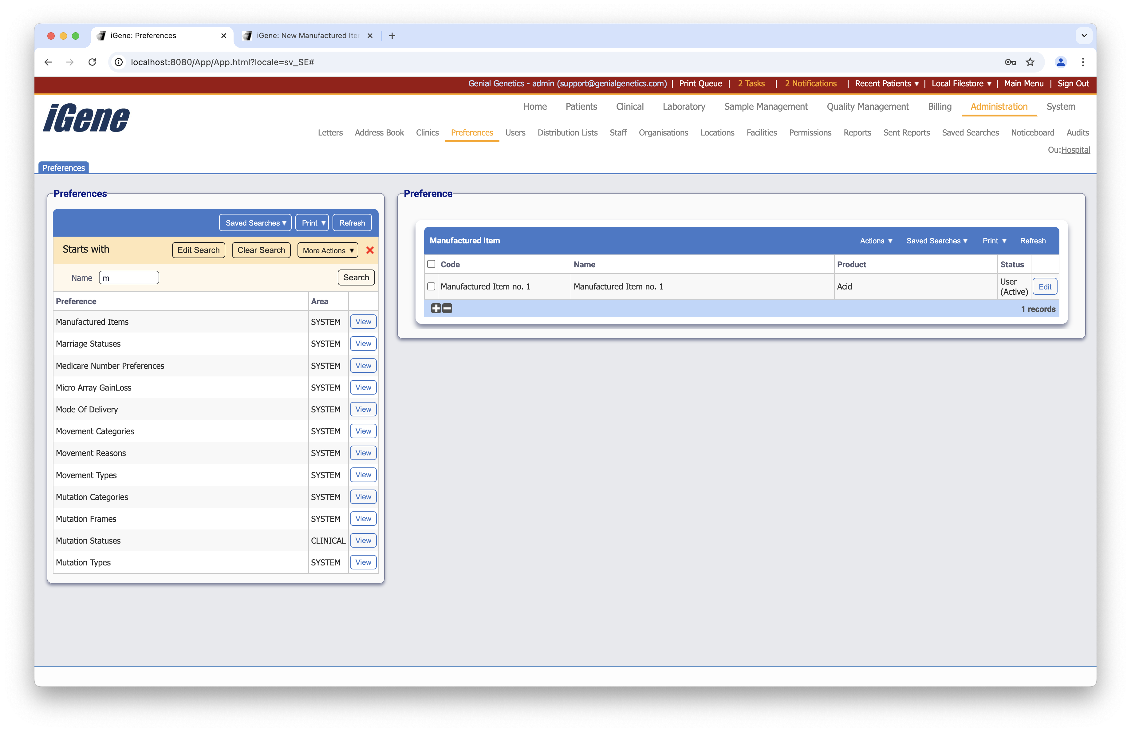Manufactured Items list