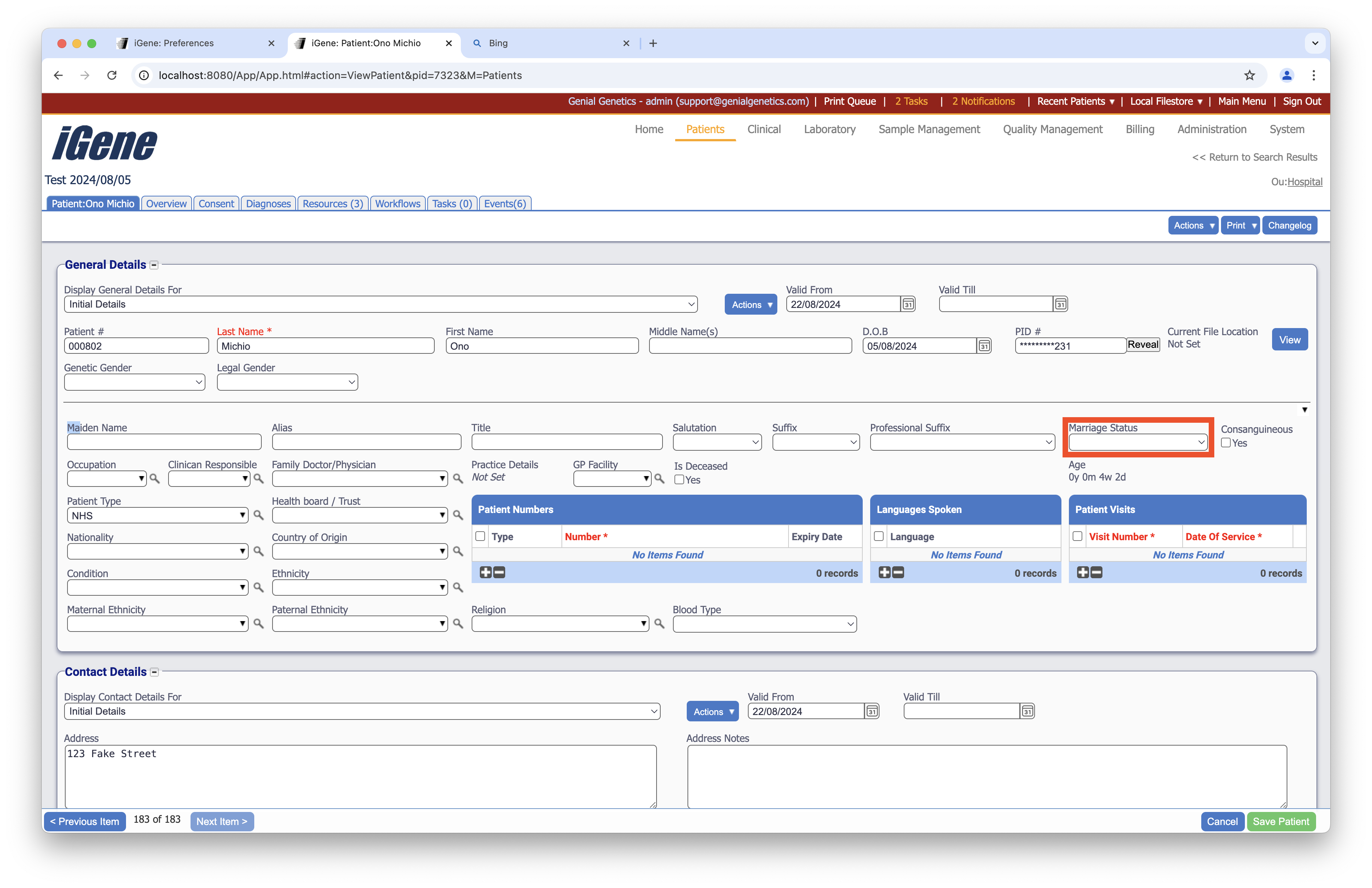 Marriage Status in patient details.