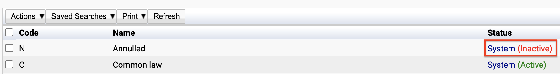 An inactive marriage status is highlighted in red.