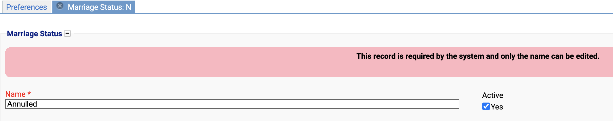 Marriage status config screen