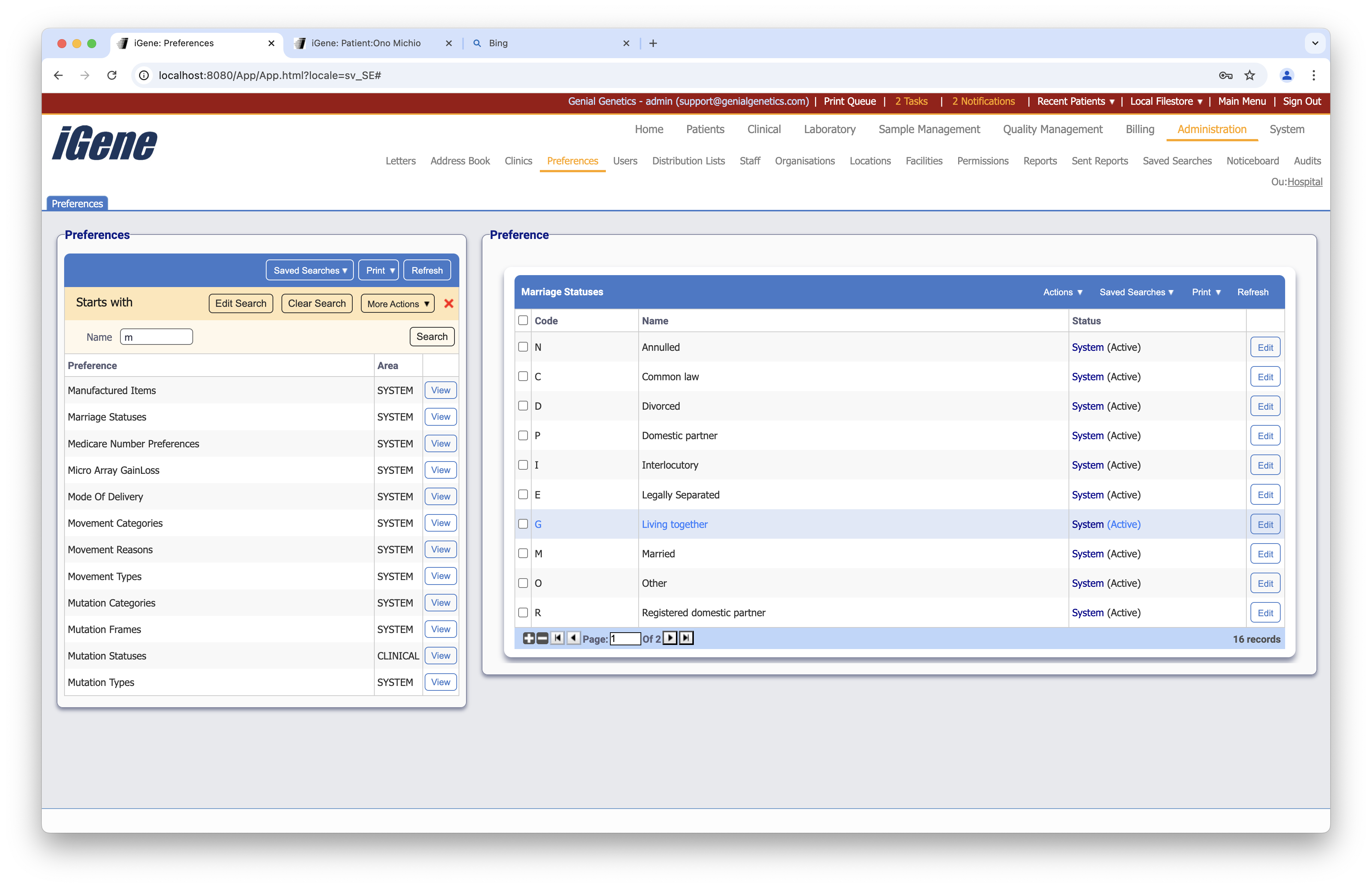 Marriage Statuses list