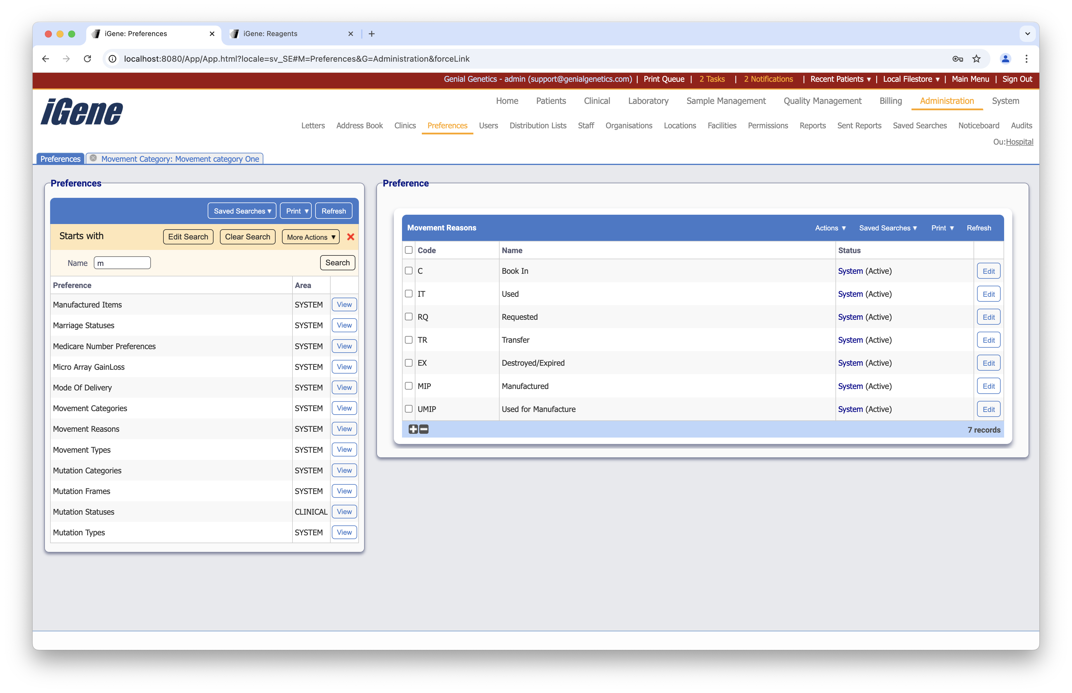Movement Reasons list