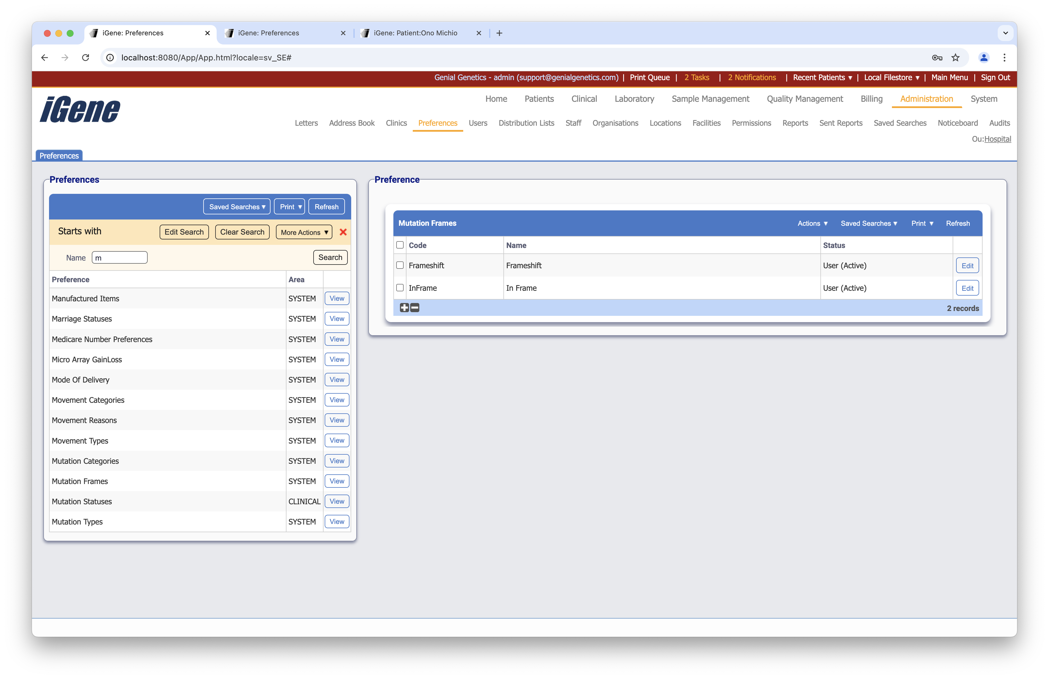 Mutation Frames list