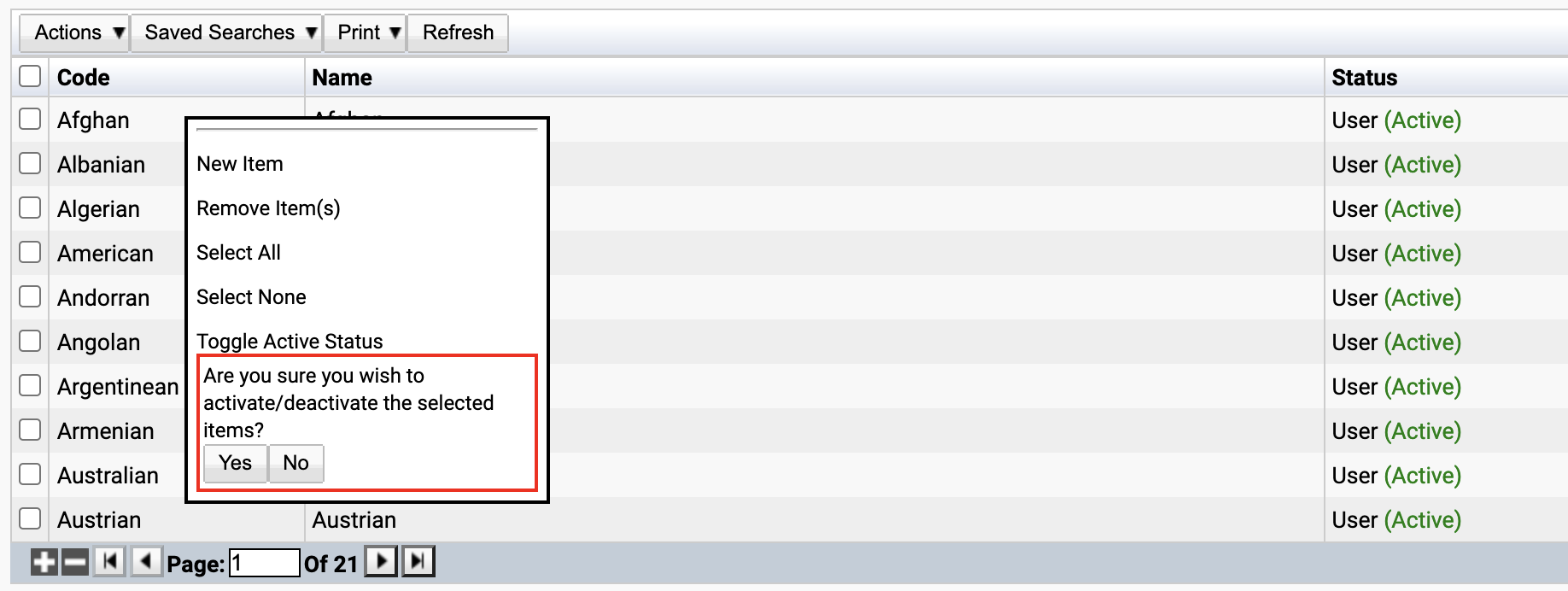 Toggling the status of a nationality.