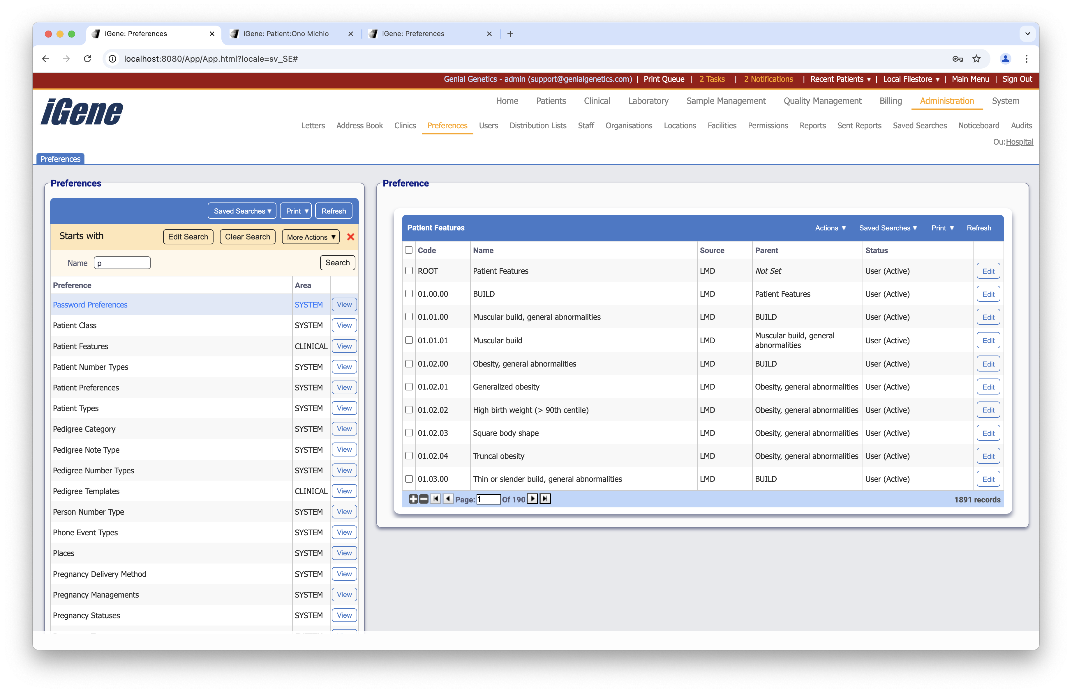Patient Features list