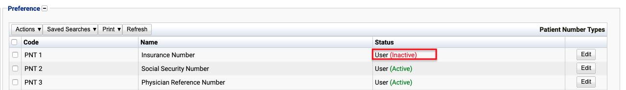 Patient Number Type set to inactive