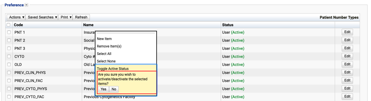 Toggling status of Patient Number Type