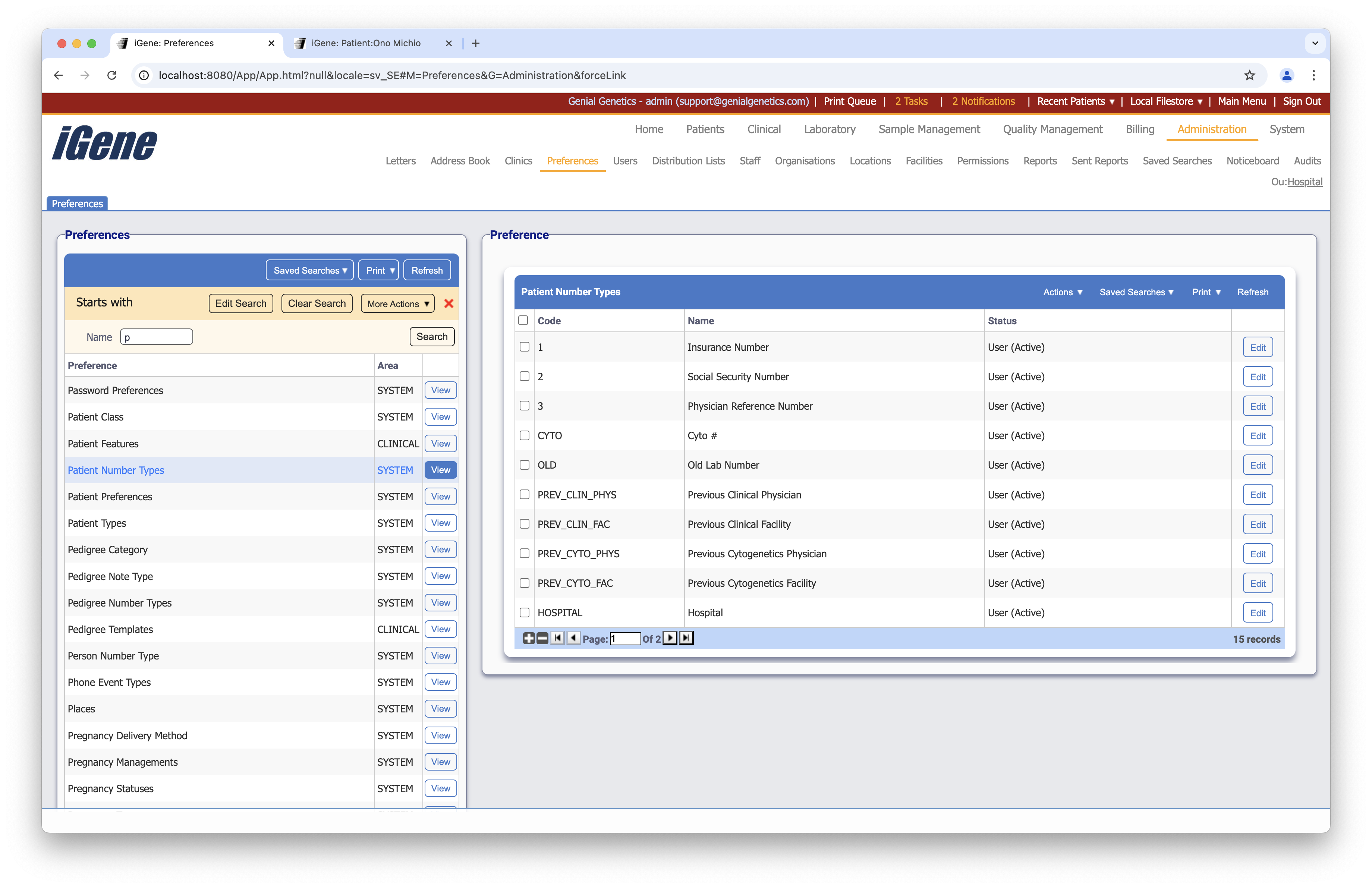 Patient Number Types list