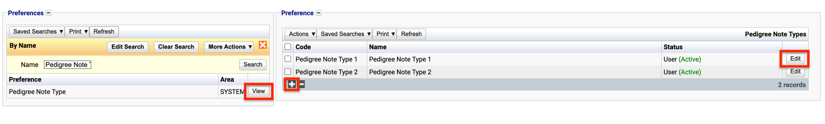 Finding the pedigree note type in the preference list.