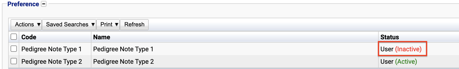 Inactive pedigree note type highlighted in red.