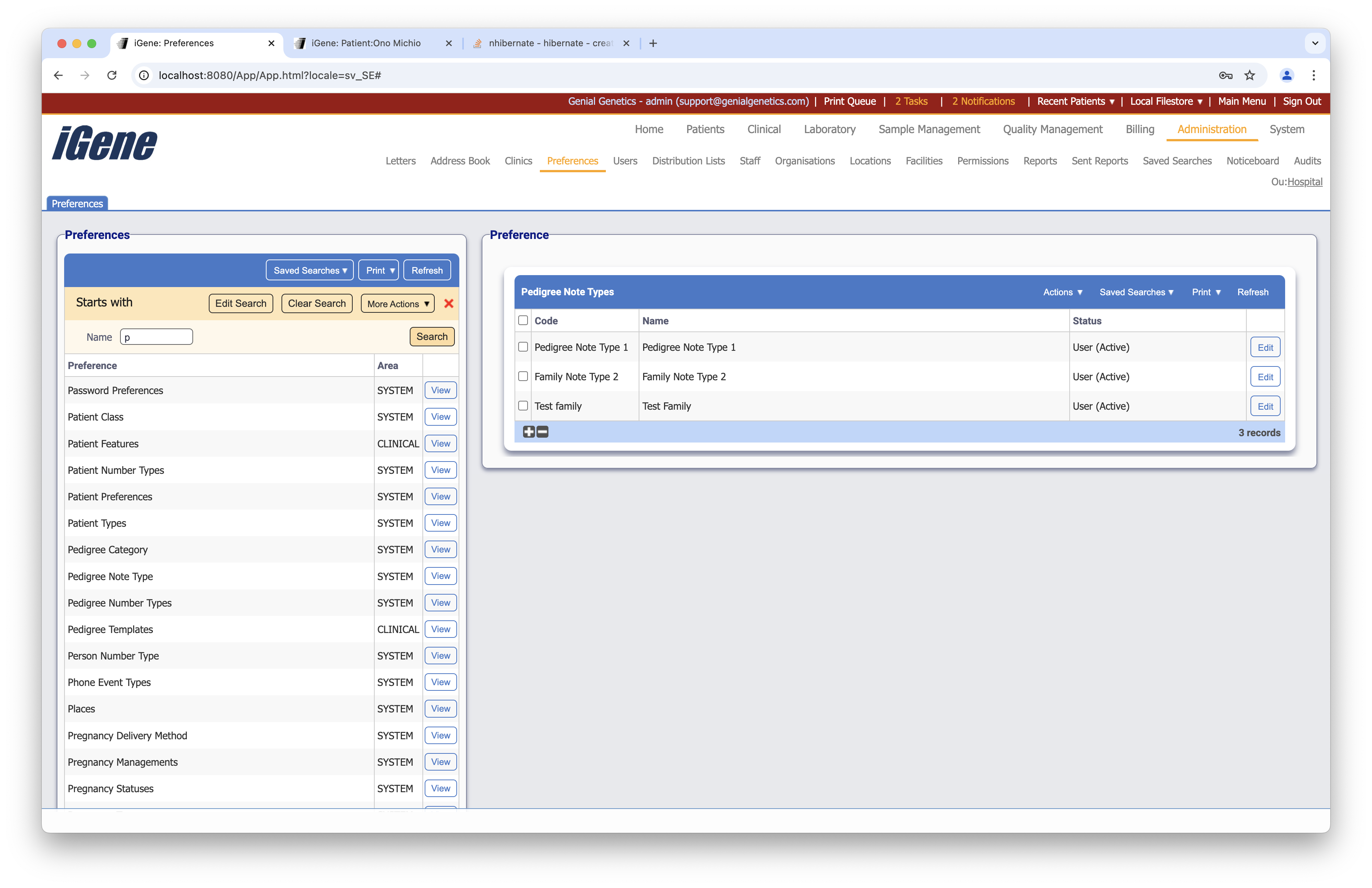 Pedigree Note Type list