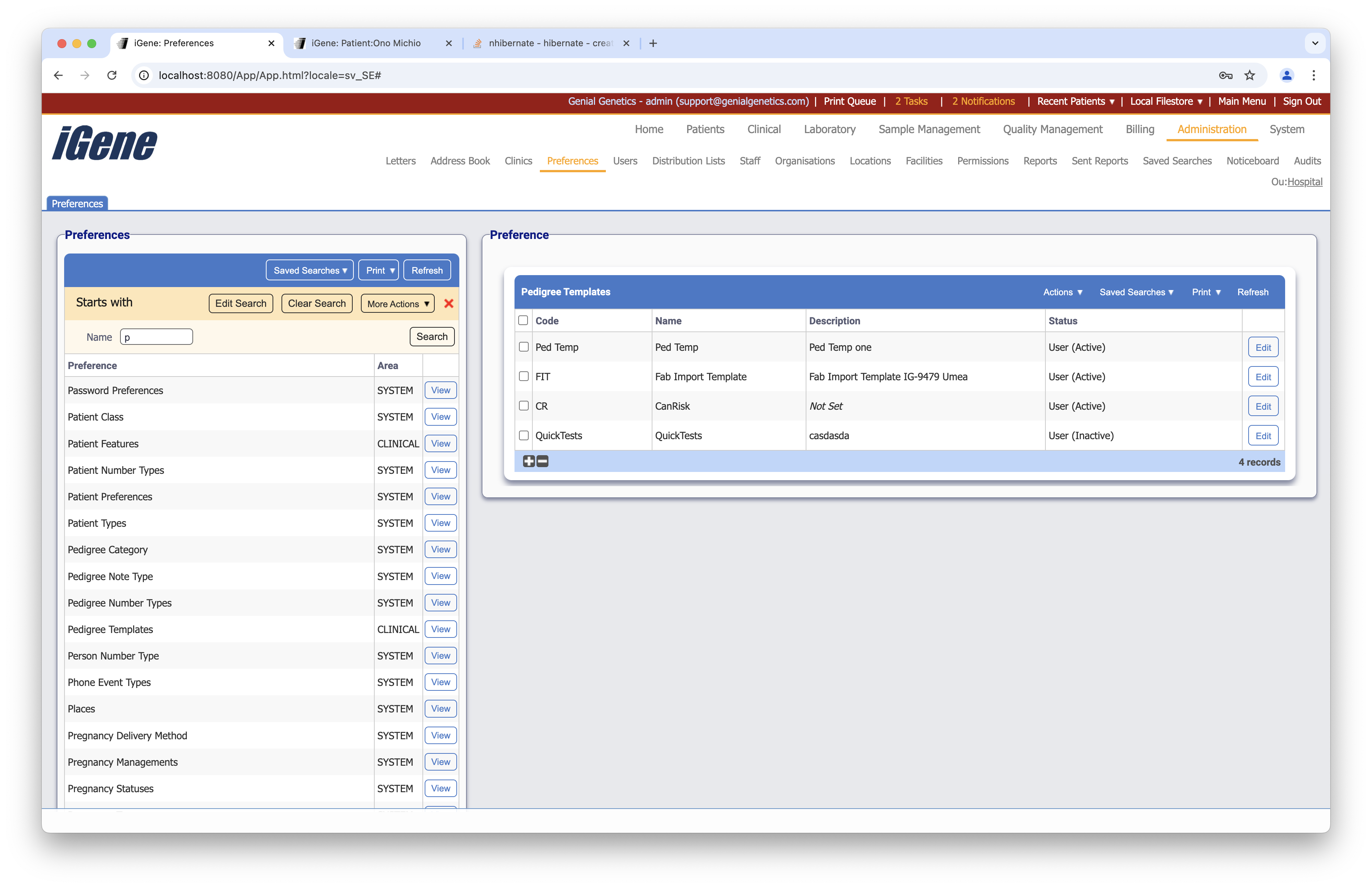 Pedigree Templates list