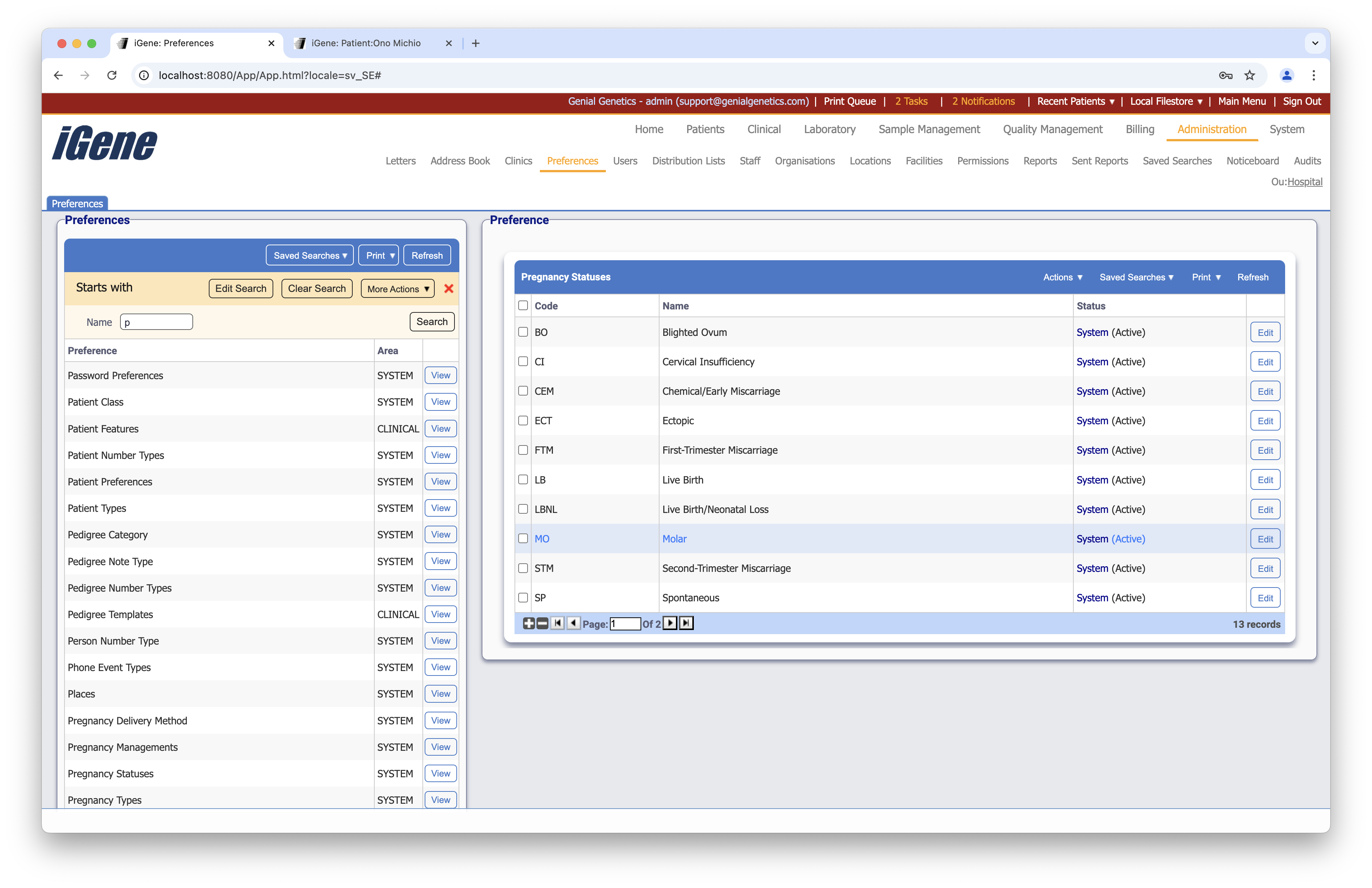 Pregnancy Statuses list