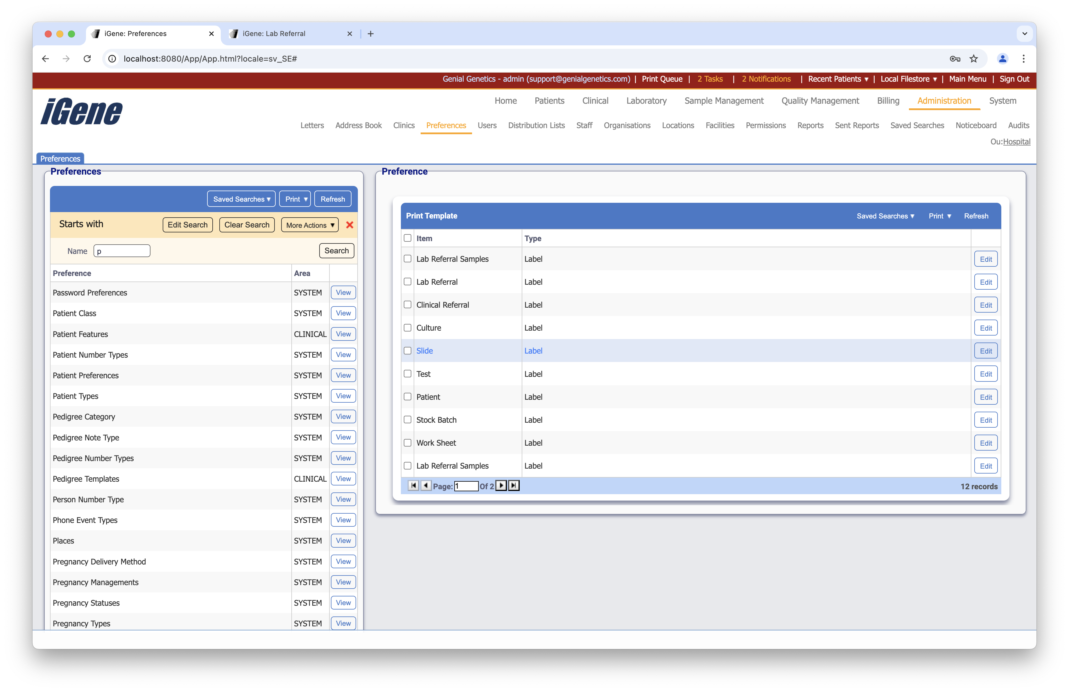 Print Templates list