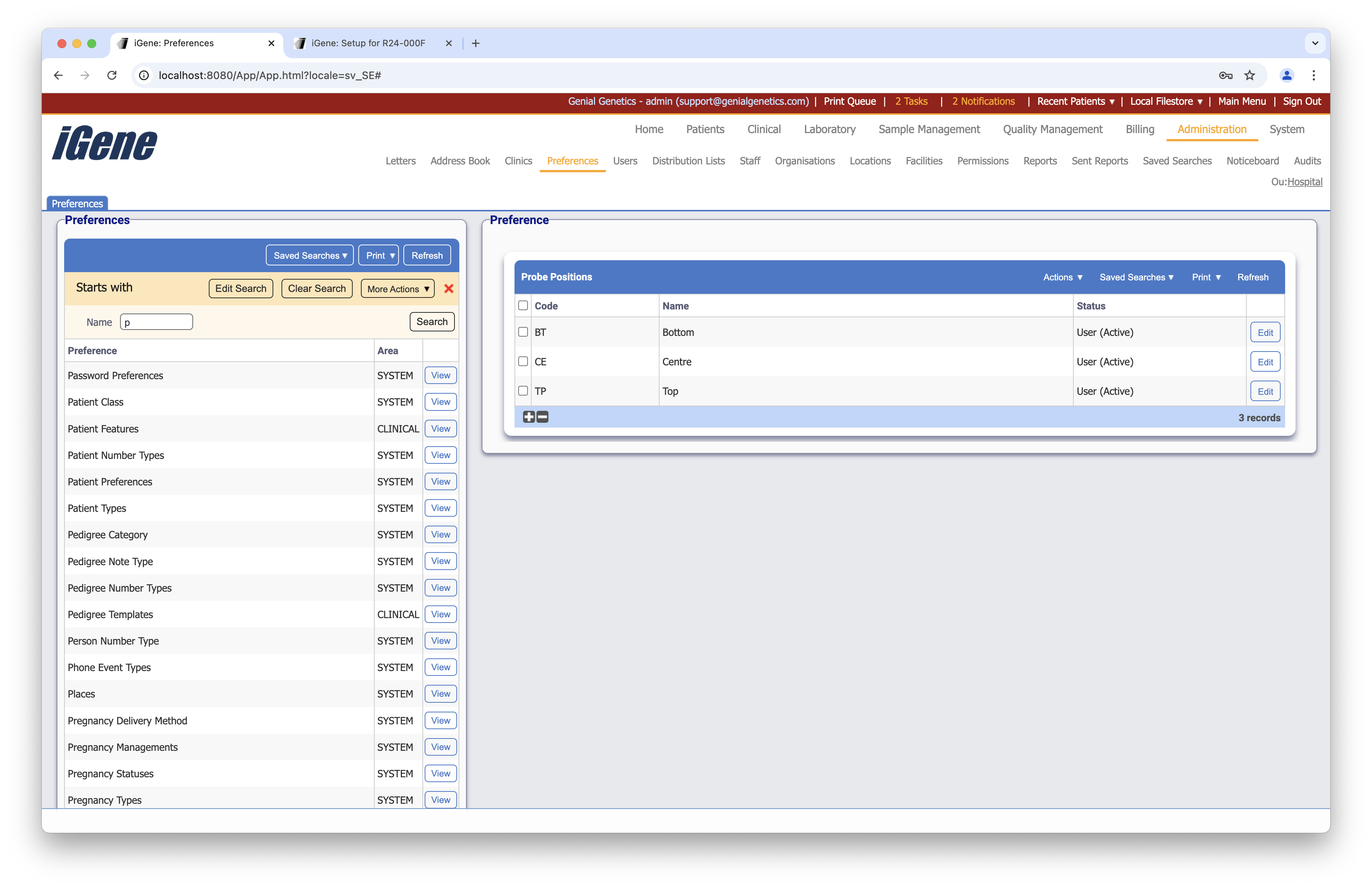 Probe Positions list