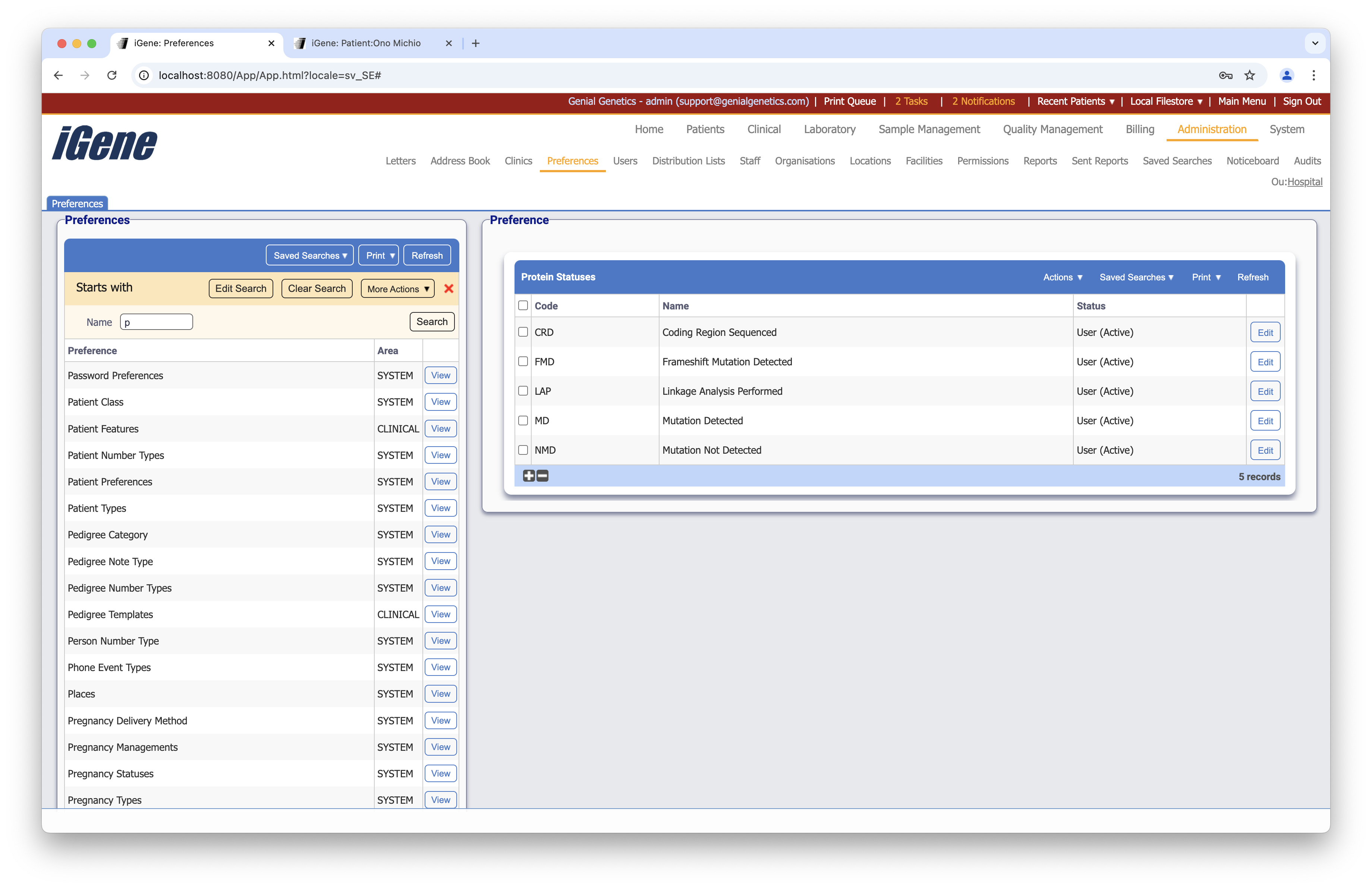 Protein Statuses list