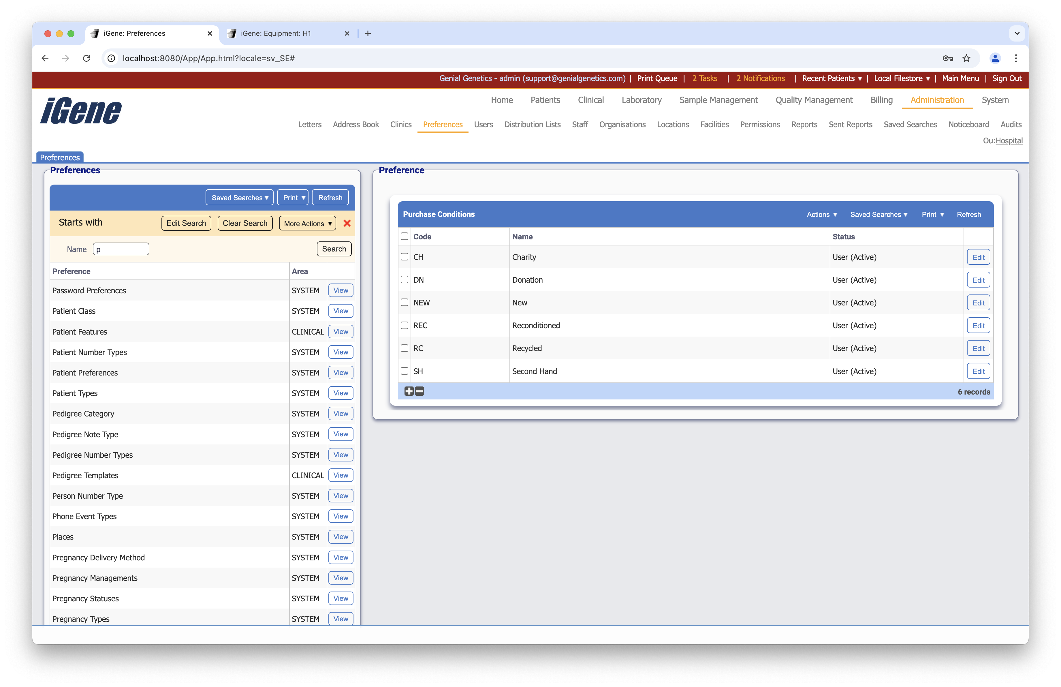 Purchase Conditions list