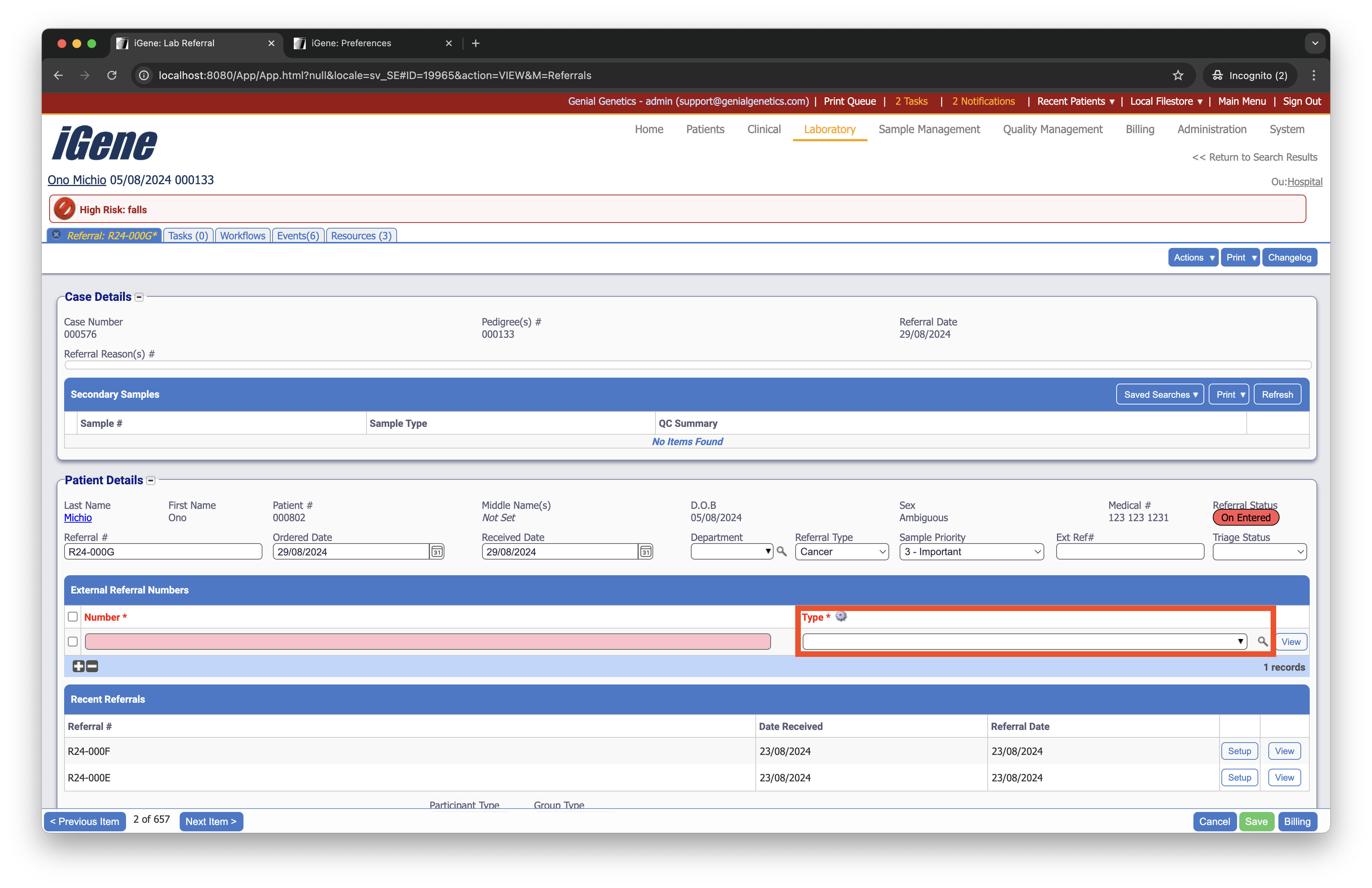 Referral External Number Items