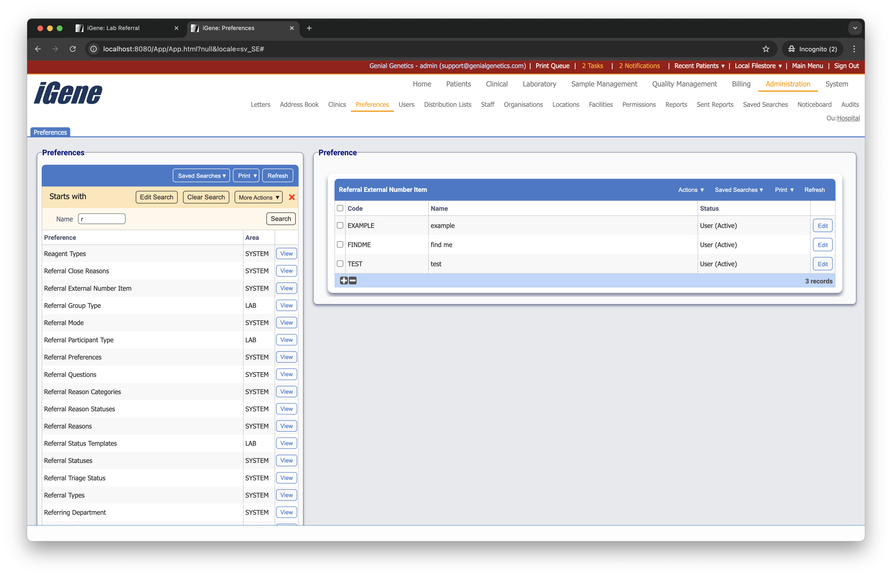 Referral External Number Items list
